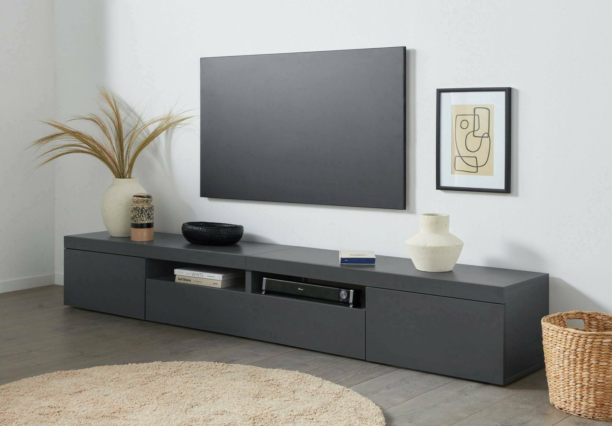 Mobile porta TV Animali, Credenza bassa da soggiorno a 3 ante, Base porta TV, 240x40h35 cm, Antracite