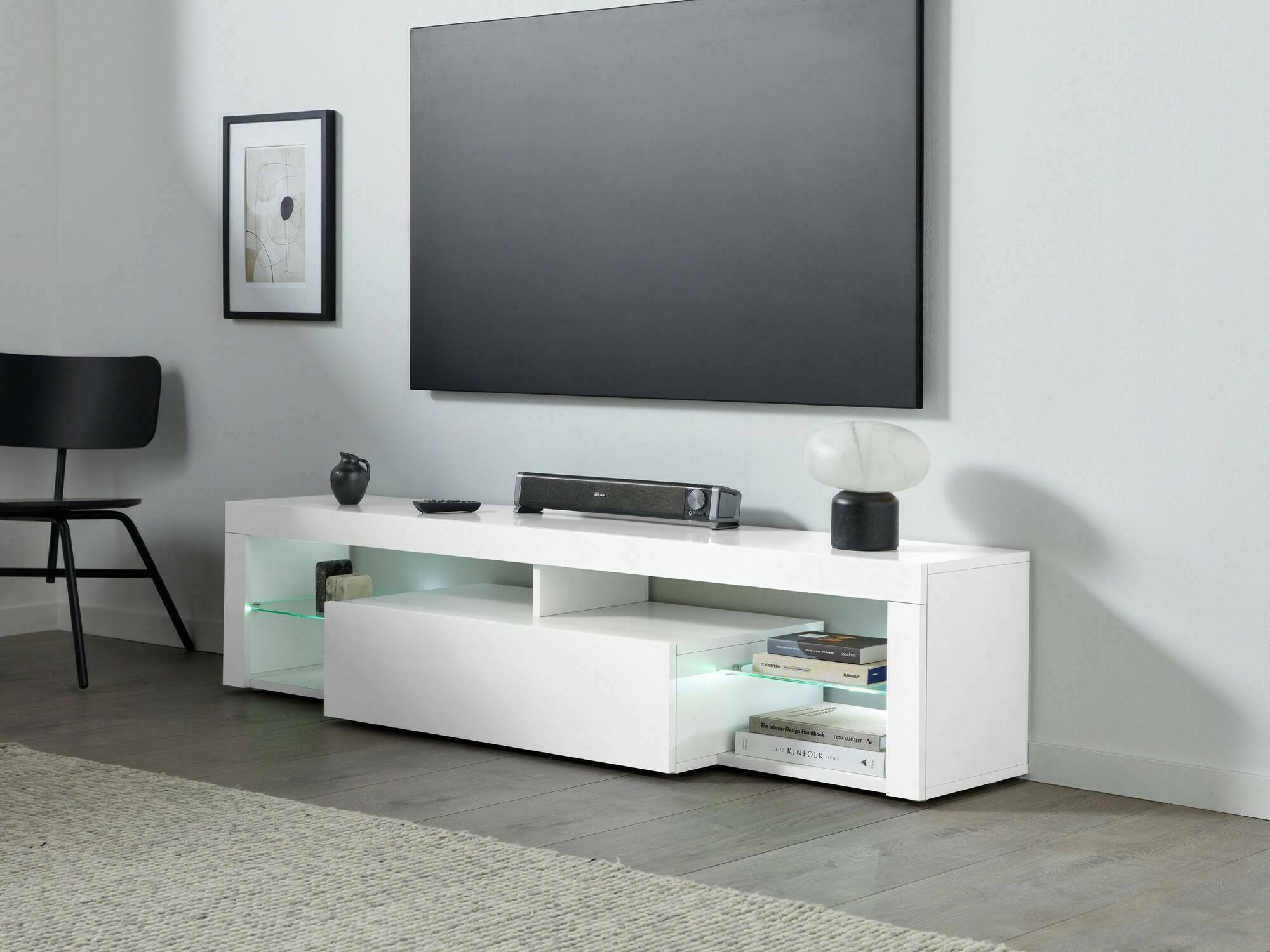 Mobile porta TV Ivy, Base porta TV, Credenza bassa da soggiorno a 1 anta, 100% Made in Italy, 160x40h35 cm, Bianco lucido