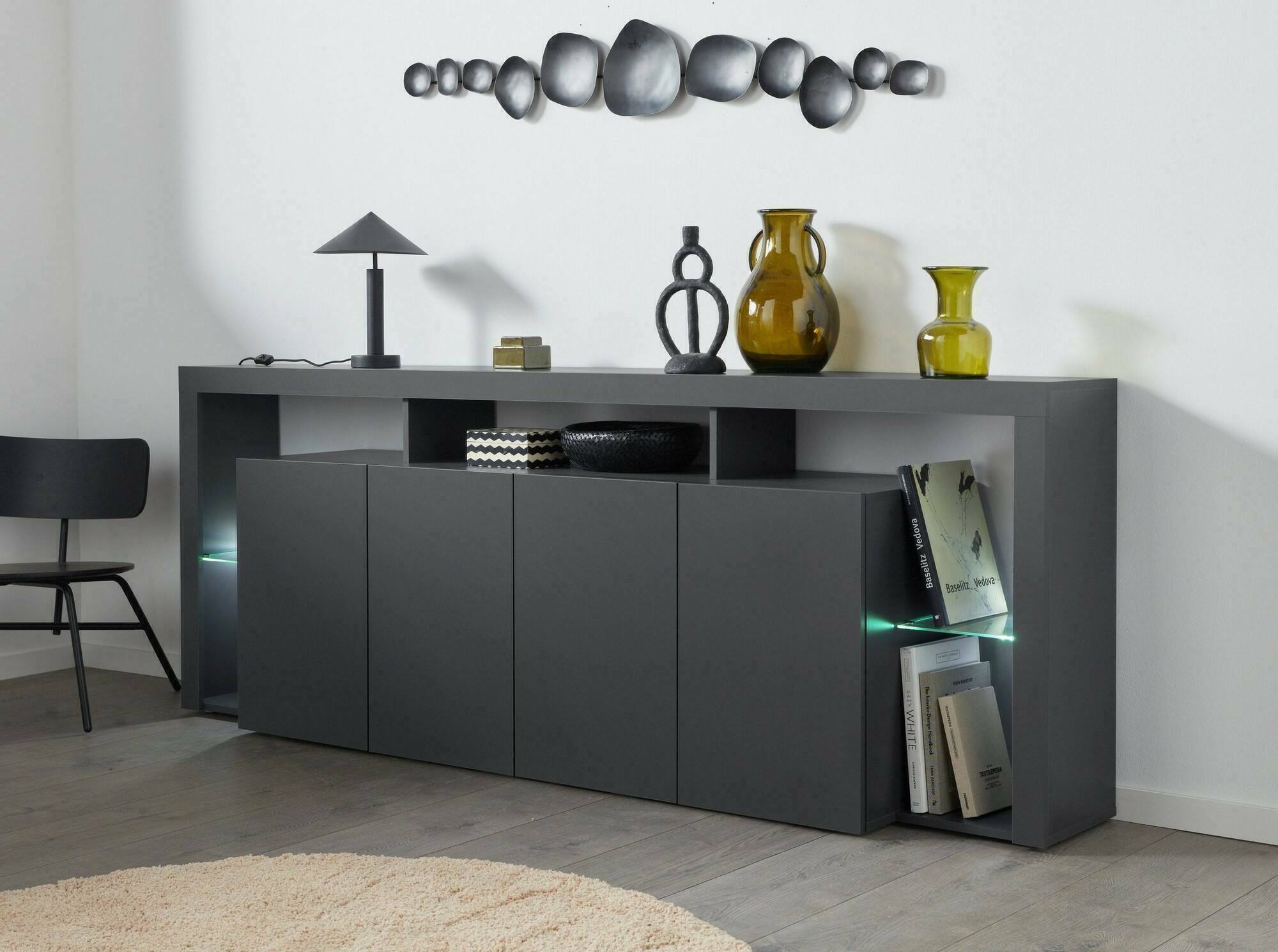 Credenza Atak, Buffet da soggiorno a 4 ante, Madia da salotto, Credenza moderna, 100% Made in Italy, 220x40h80 cm, Antracite