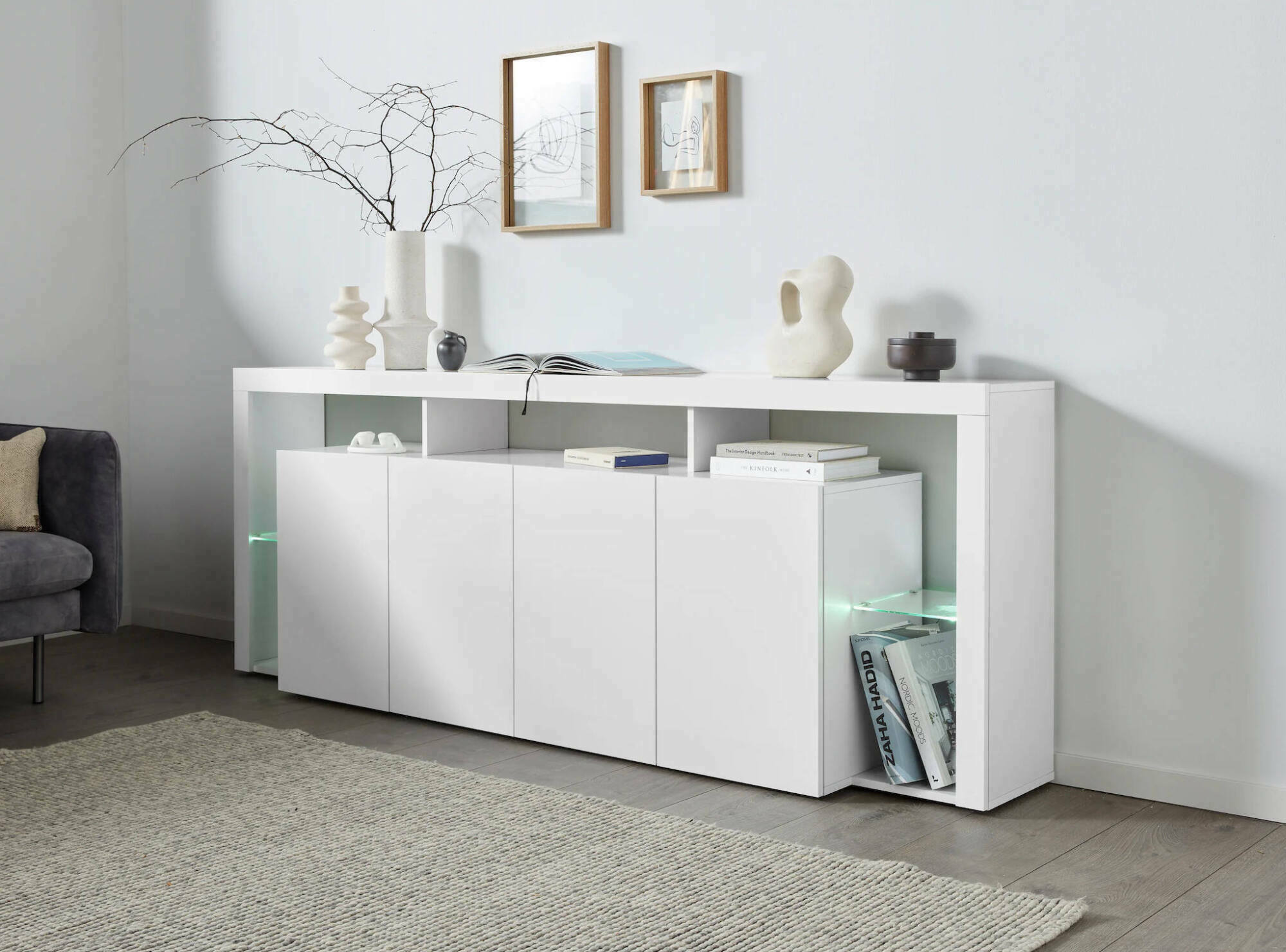 Credenza Atak, Buffet da soggiorno a 4 ante, Madia da salotto, Credenza moderna, 100% Made in Italy, 220x40h80 cm, Bianco lucido