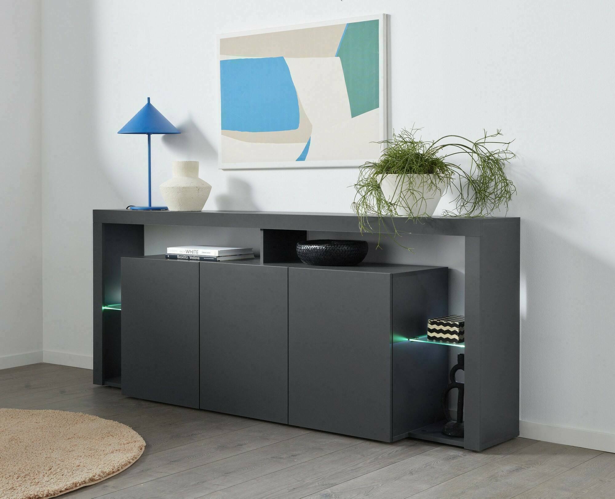 Credenza Andale, Buffet da soggiorno a 3 ante, Madia da salotto, Credenza moderna, 100% Made in Italy, 200x40h80 cm, Antracite