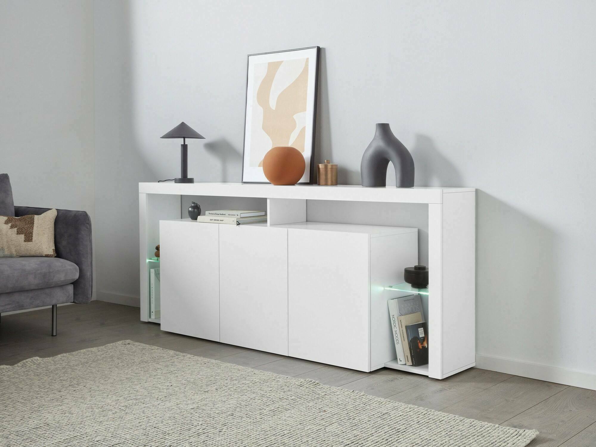 Credenza Andale, Buffet da soggiorno a 3 ante, Madia da salotto, Credenza moderna, 100% Made in Italy, 200x40h80 cm, Bianco lucido