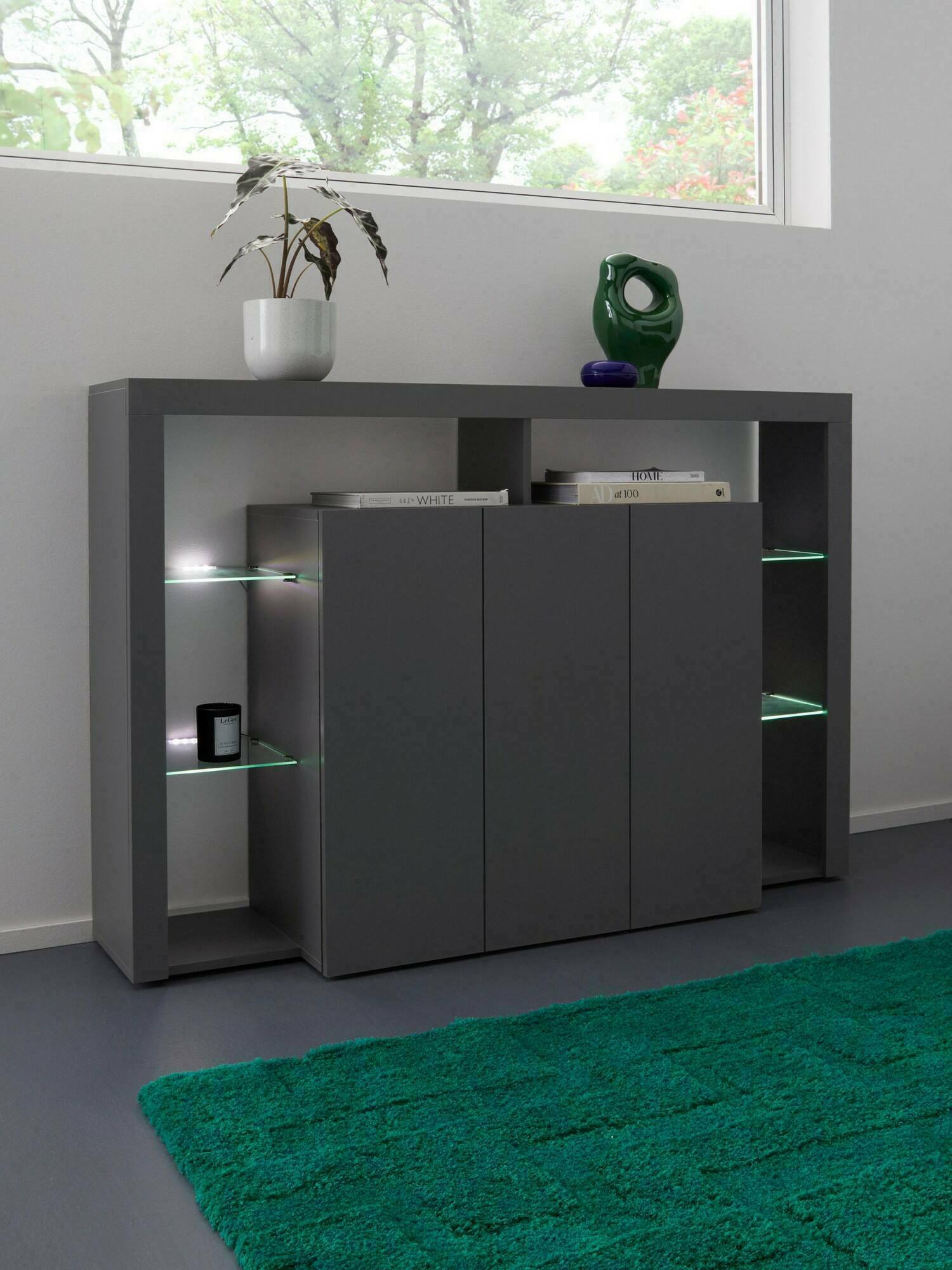 Credenza Bagnasco, Buffet da soggiorno a 3 ante, Madia da salotto, Credenza moderna, 100% Made in Italy, 150x40h100 cm, Antracite