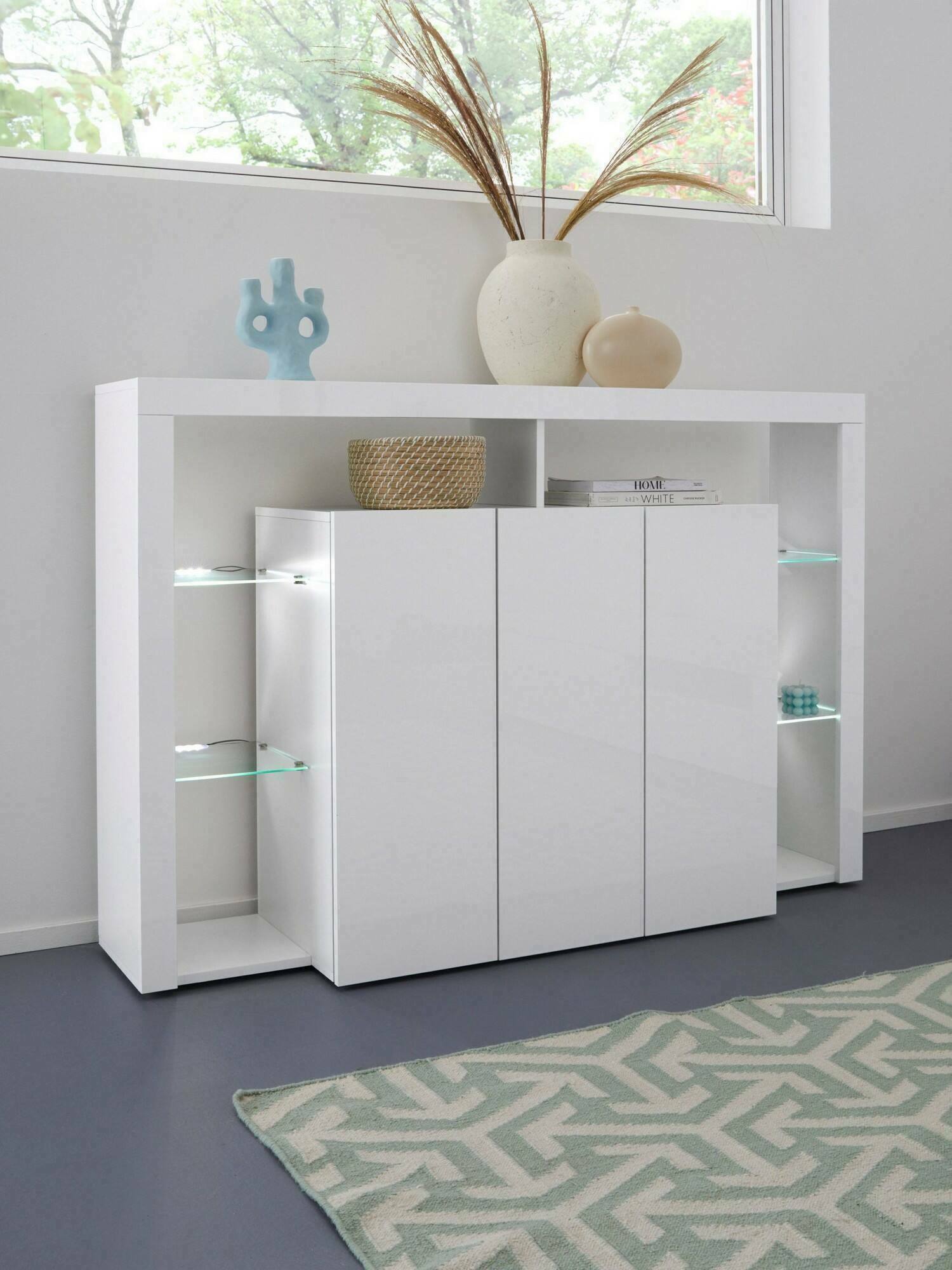 Credenza Bagnasco, Buffet da soggiorno a 3 ante, Madia da salotto, Credenza moderna, 100% Made in Italy, 150x40h100 cm, Bianco lucido