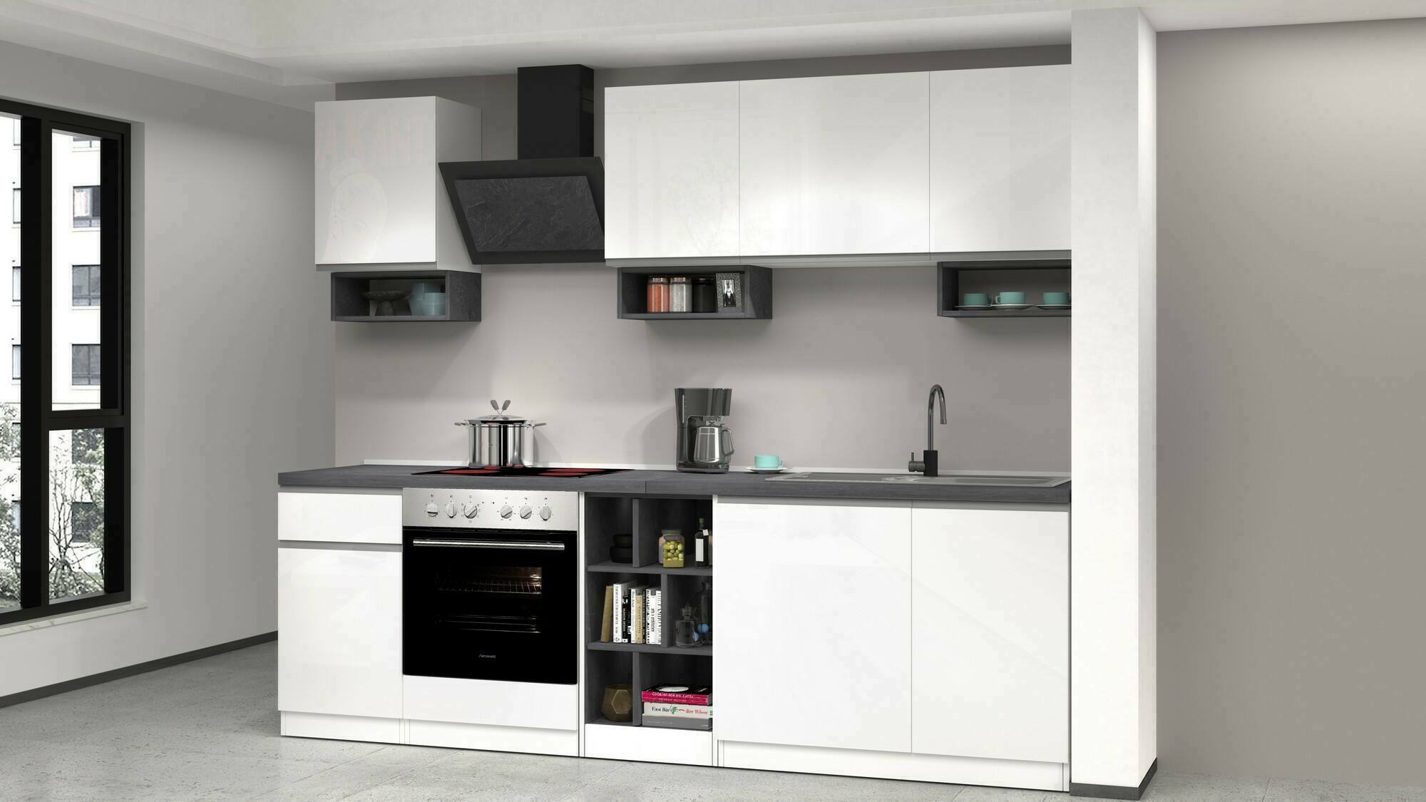 Cucina completa Attimis, Cucina pratica e salvaspazio, Parete da cucina con 7 ante e 1 cassetto, 100% Made in Italy, 255x60h85 cm, Bianco lucido e Ardesia