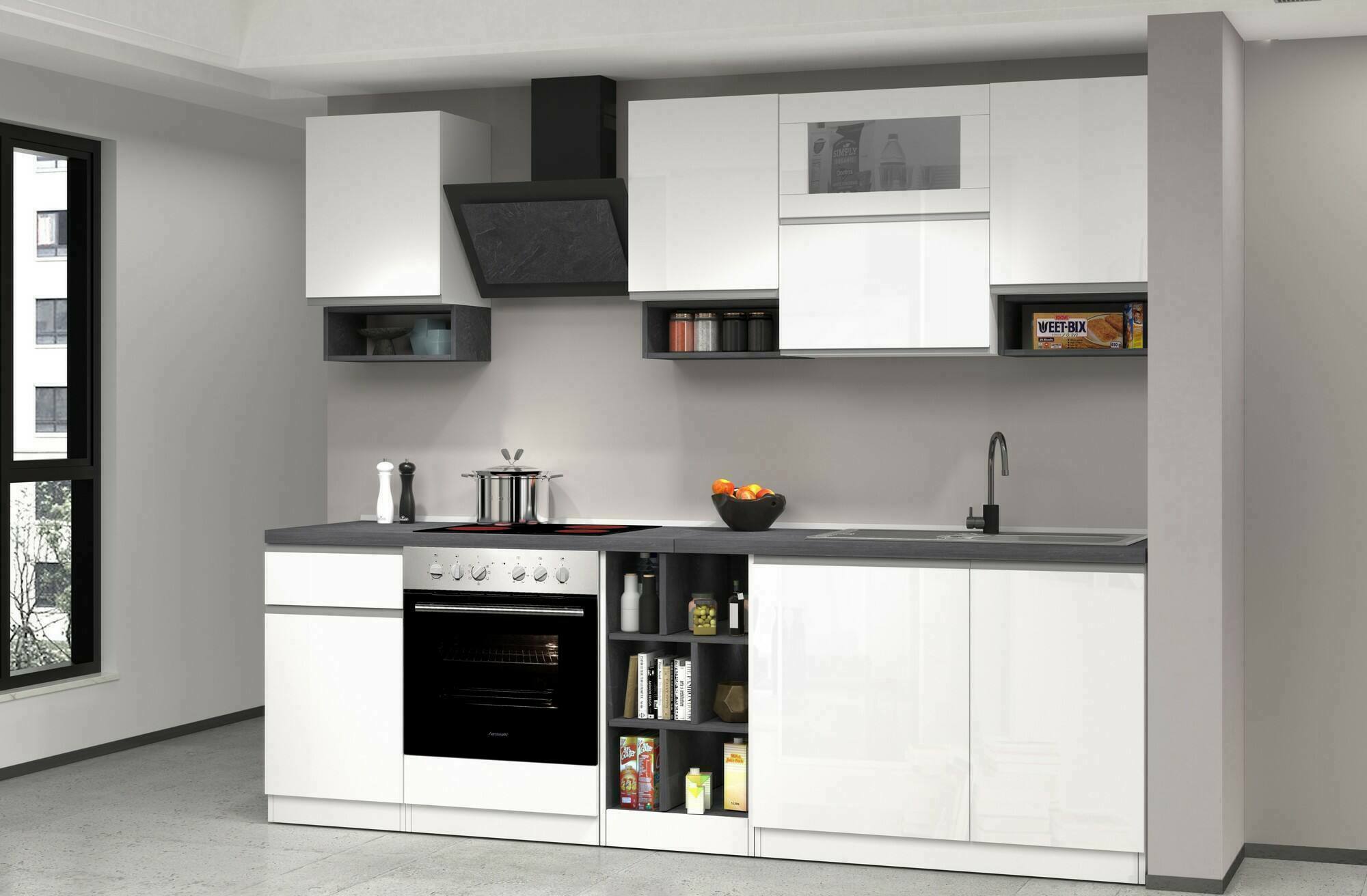 Cucina completa Attiko, Cucina pratica e salvaspazio, Parete da cucina con 8 ante e 1 cassetto, 100% Made in Italy, 255x60h85 cm, Bianco lucido e Ardesia