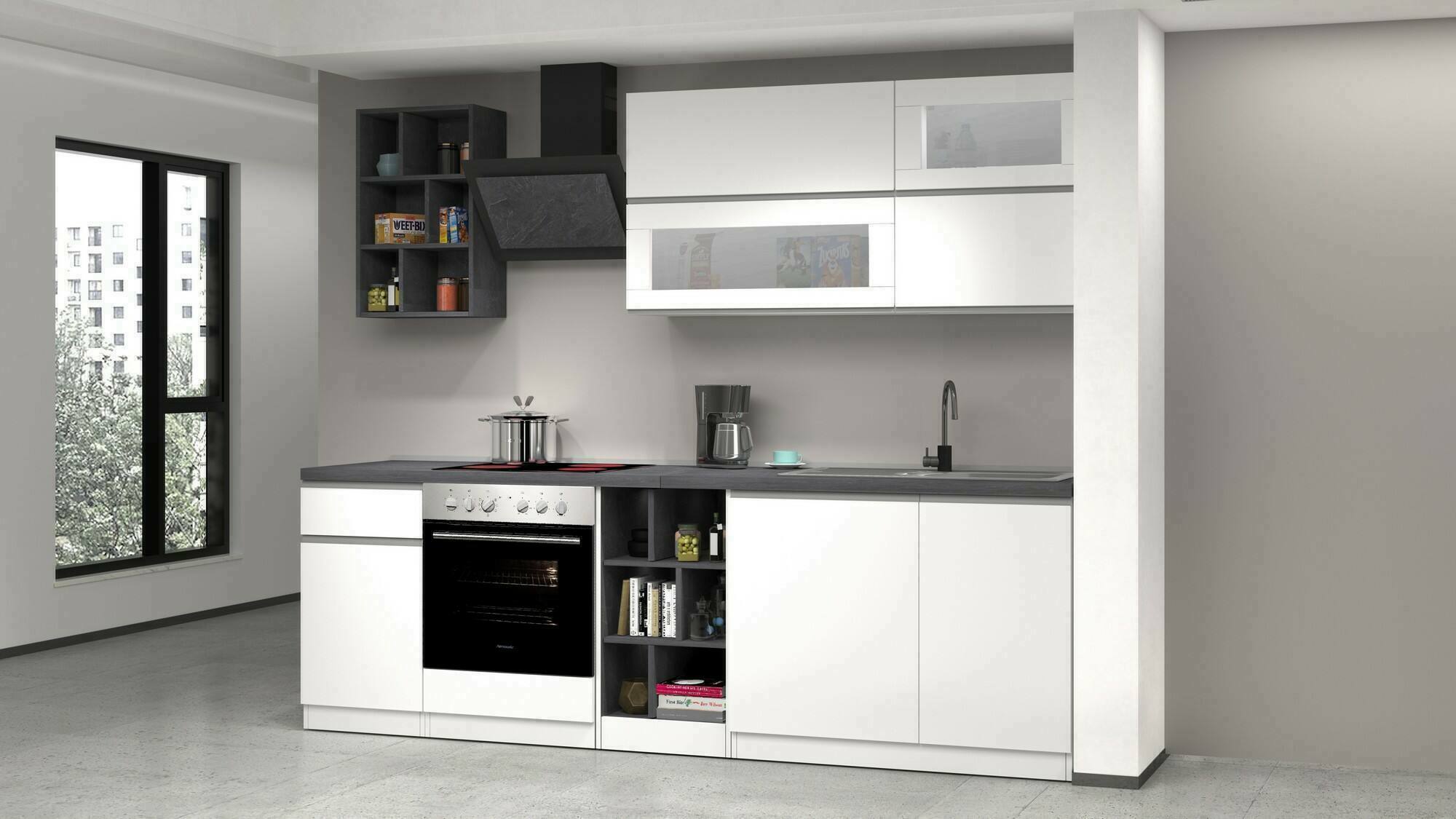 Cucina completa Fonti, Cucina pratica e salvaspazio, Parete da cucina con 5 ante e 1 cassetto, 100% Made in Italy, 255x60h85 cm, Bianco lucido e Ardesia