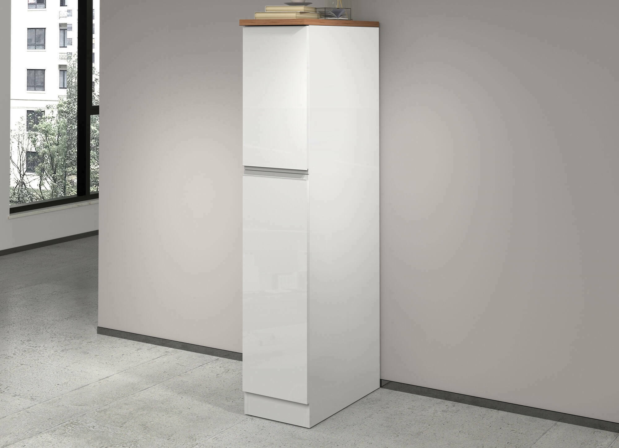 Dispensa da cucina Atrax, Mobile multiuso, Armadio portaoggetti a 2 cassettoni, 100% Made in Italy, 30x60h165 cm, Bianco lucido e Rovere