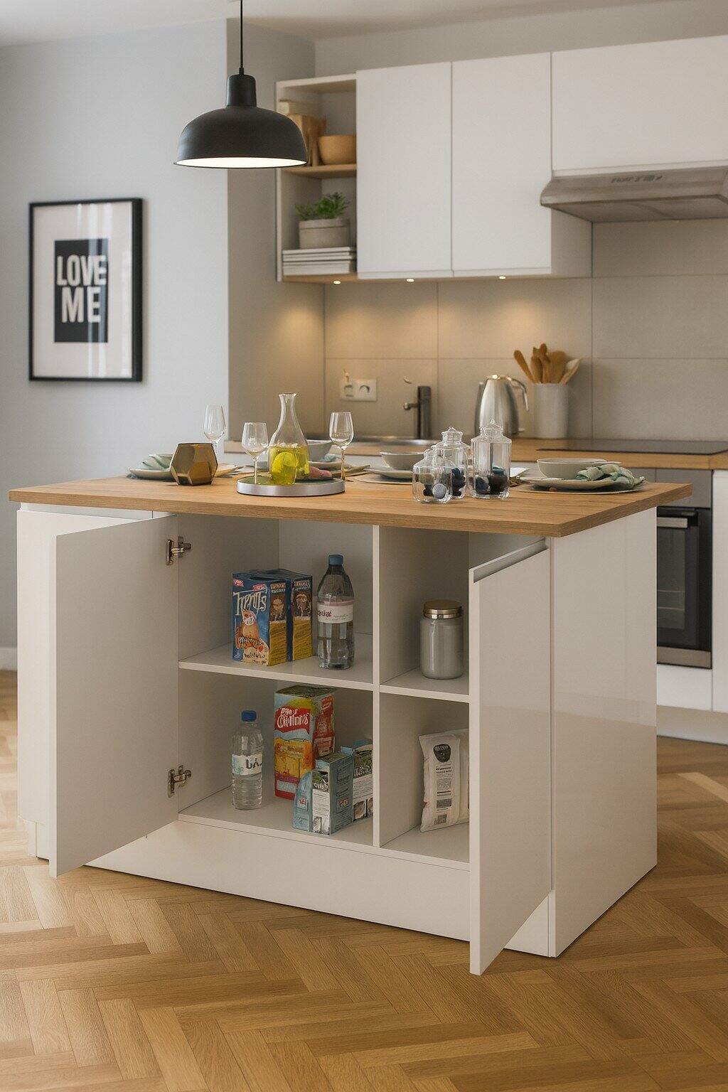Isola da cucina Tartaro, Tavolo ausiliario portaoggetti, Mobile da cucina a 3 ante, 100% Made in Italy, 155x90h90 cm, Bianco lucido e Rovere