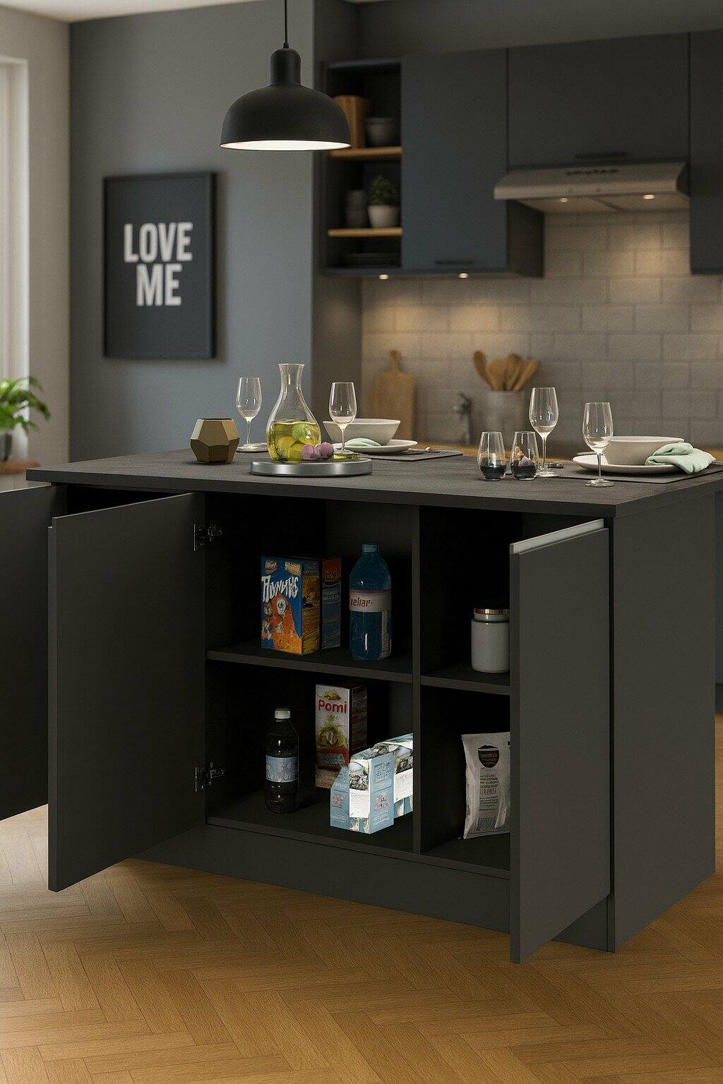 Isola da cucina Tartaro, Tavolo ausiliario portaoggetti, 100% Made in Italy, 155x90h90 cm, Antracite e Ardesia