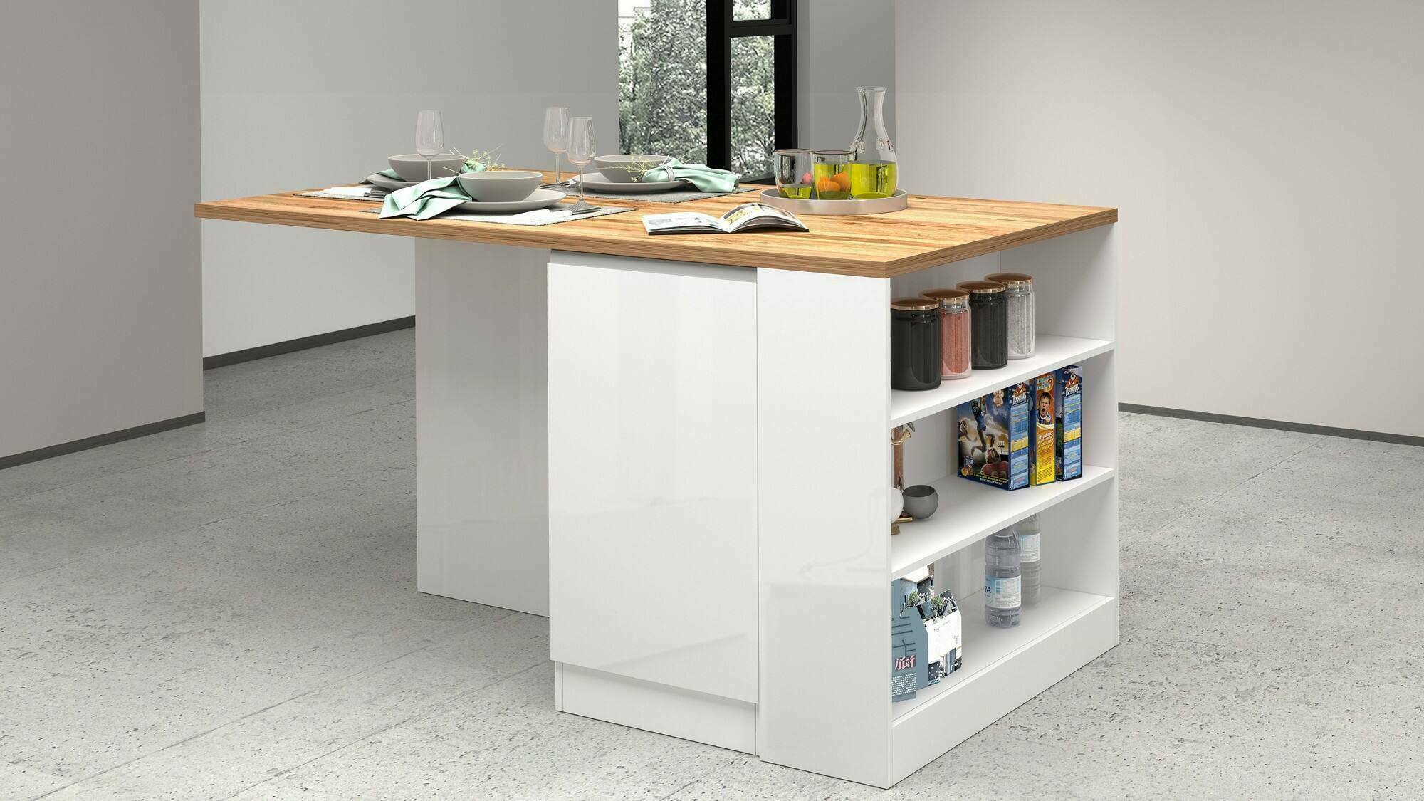 Isola da cucina Abern, Tavolo ausiliario portaoggetti, Mobile da cucina a 2 ante, 100% Made in Italy, 160x90h90 cm, Bianco lucido e Rovere