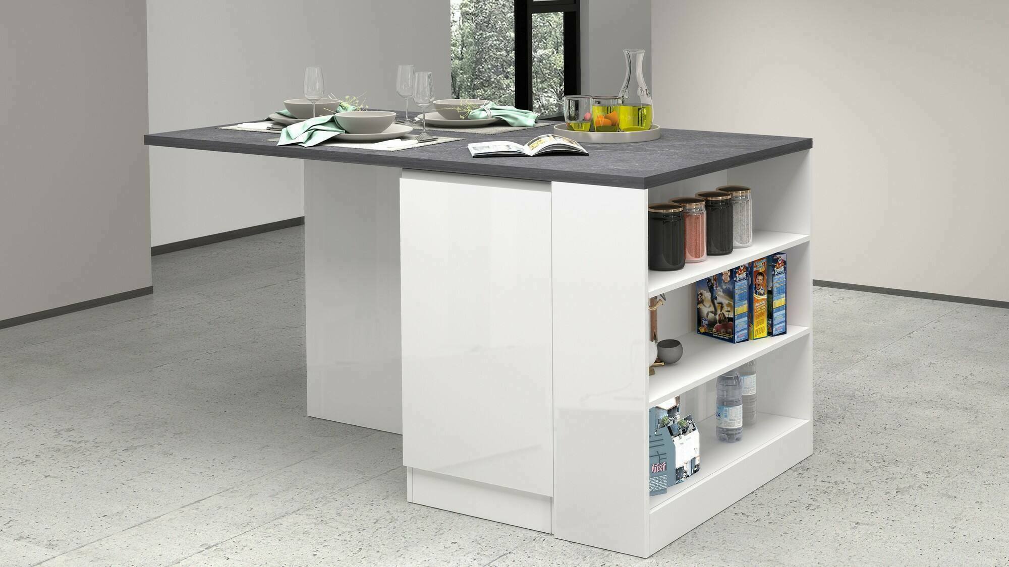 Isola da cucina Abern, Tavolo ausiliario portaoggetti, 100% Made in Italy, 160x90h90 cm, Bianco lucido e Ardesia