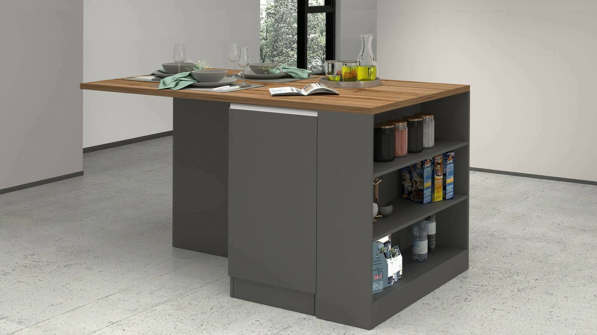 Isola da cucina Abern, Tavolo ausiliario portaoggetti, Mobile da cucina a 2 ante, 100% Made in Italy, 160x90h90 cm, Antracite e Rovere