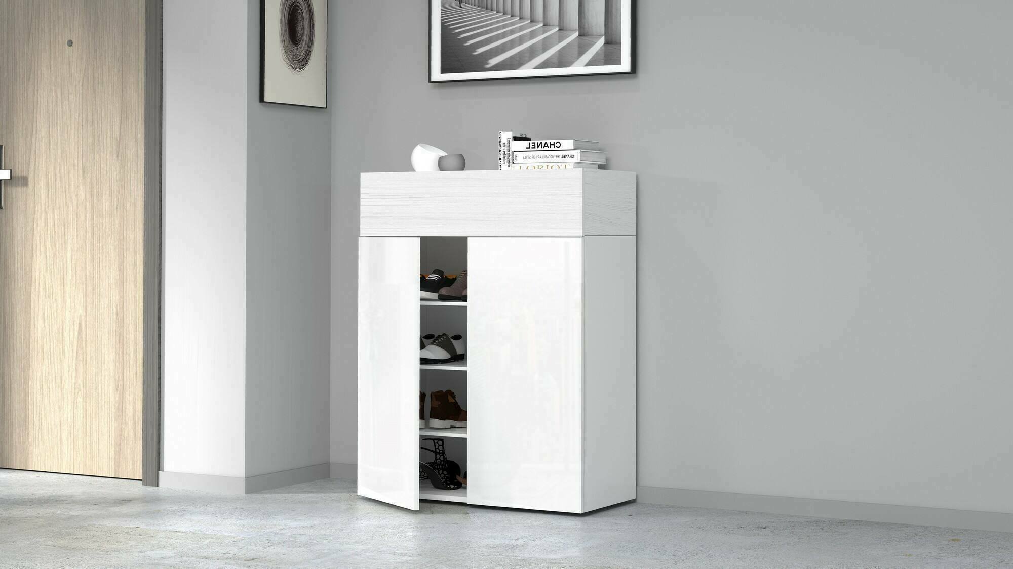Scarpiera Nala, Porta scarpe salvaspazio a 3 ante, Armadio multifunzione da ingresso, 76x38h100 cm, Bianco effetto larice