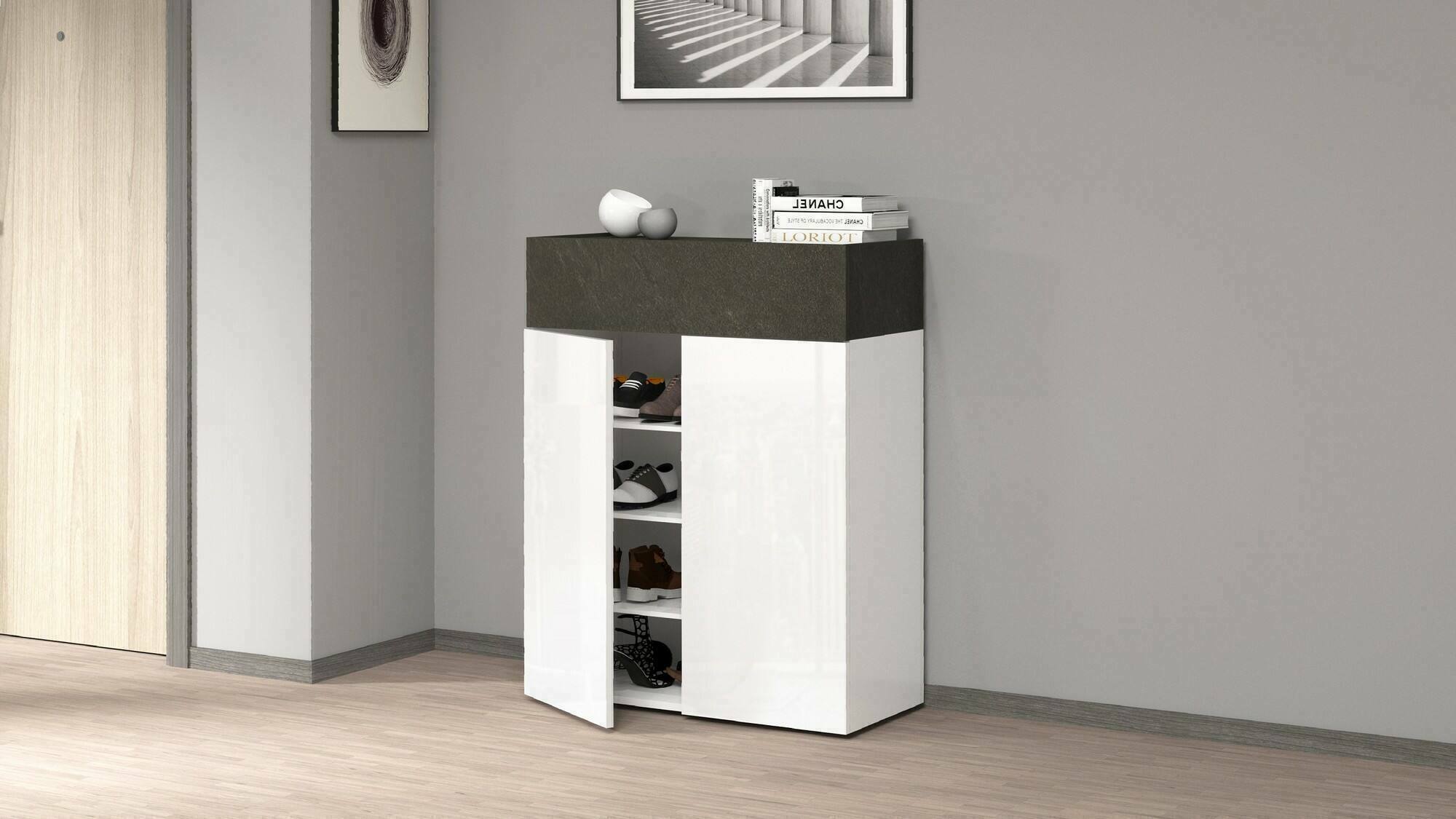 Scarpiera Nala, Porta scarpe salvaspazio a 3 ante, Armadio multifunzione da ingresso, 76x38h100 cm, Bianco e Ardesia