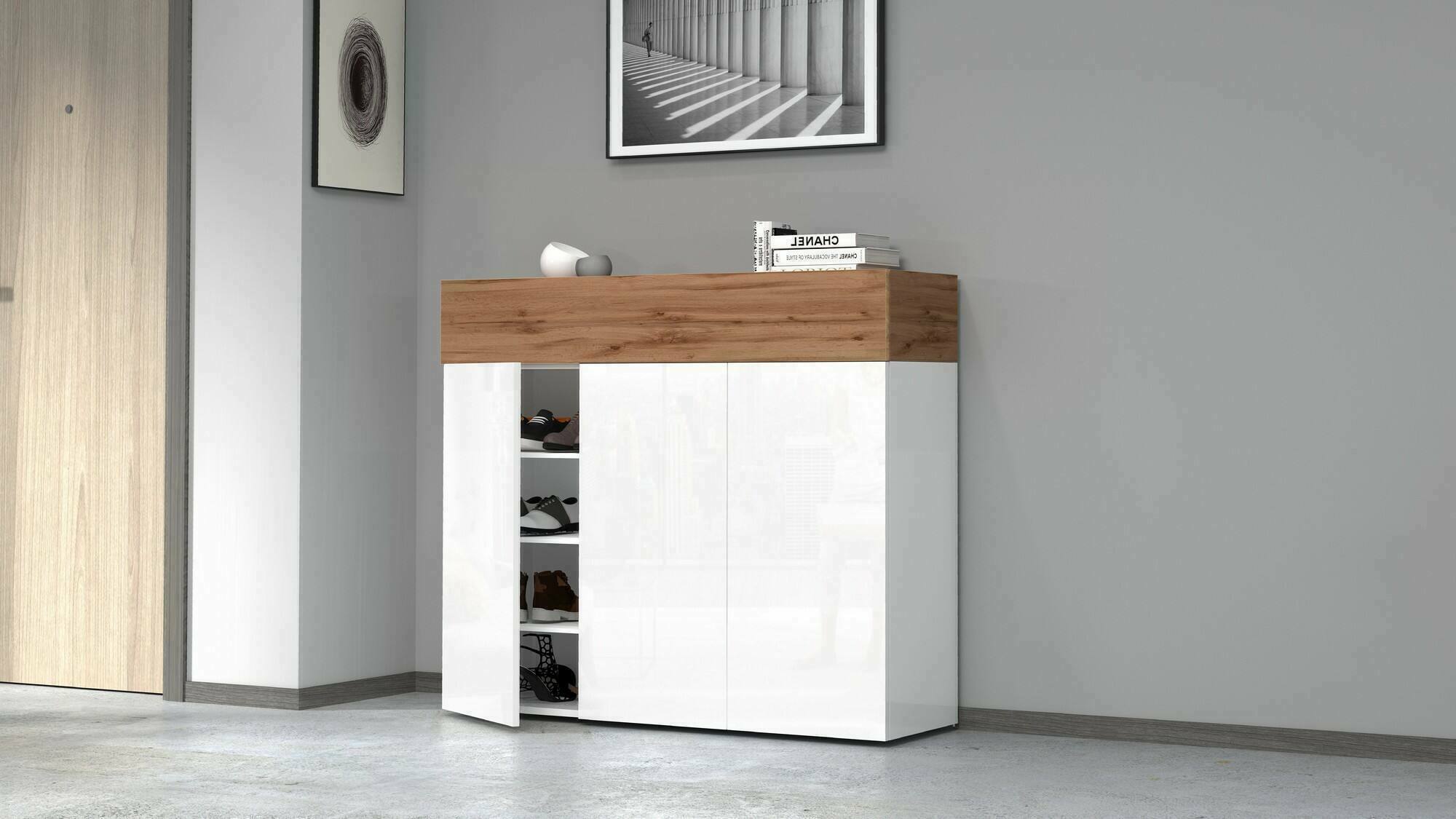 Scarpiera Griselda, Porta scarpe salvaspazio a 4 ante, Armadio multifunzione da ingresso, 114x38h100 cm, Bianco e Rovere