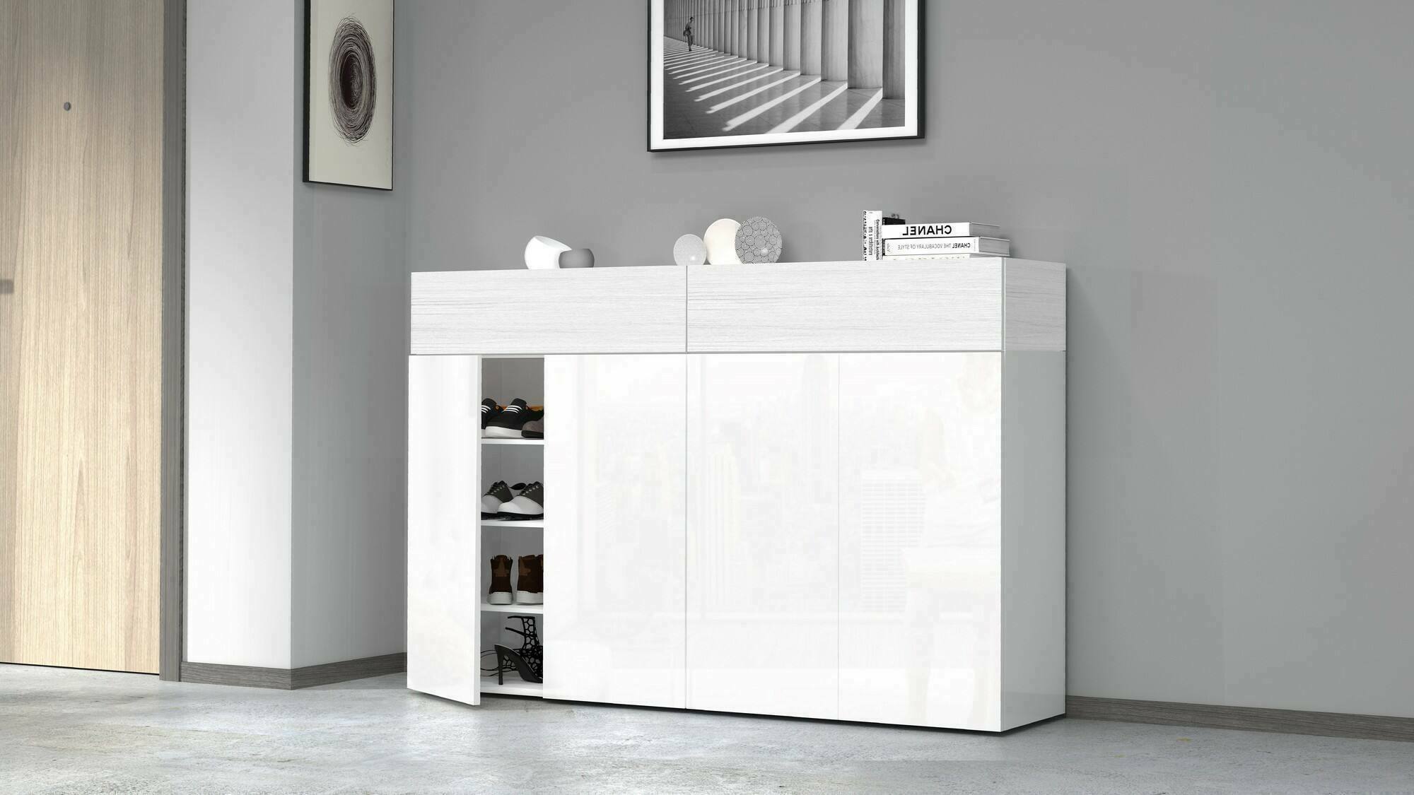 Scarpiera Are, Porta scarpe salvaspazio a 6 ante, Armadio multifunzione da ingresso, 154x38h100 cm, Bianco effetto larice
