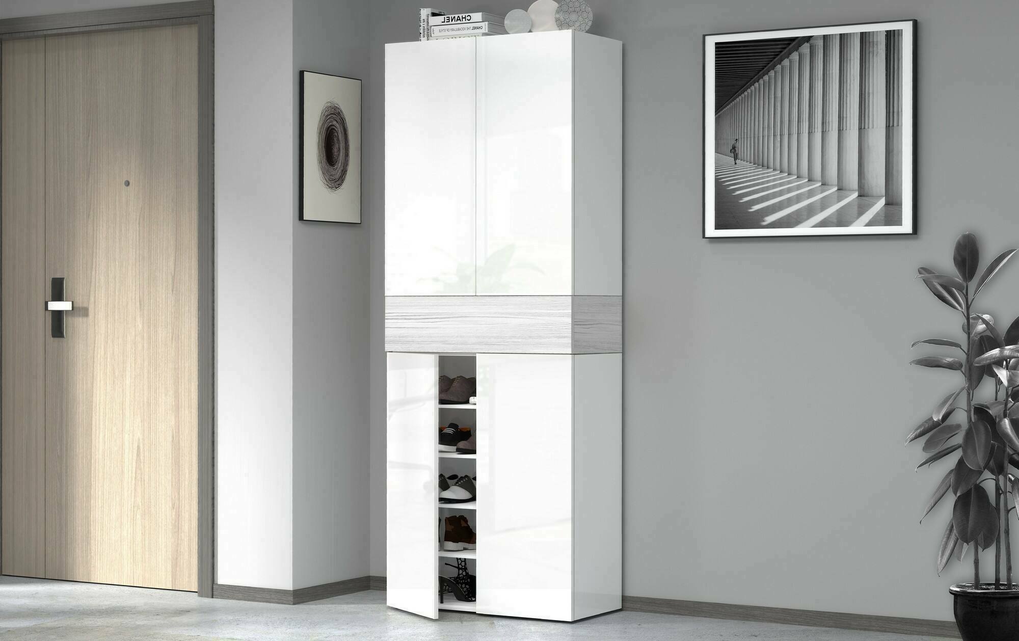 Scarpiera Asklol, Porta scarpe salvaspazio a 5 ante, Armadio multifunzione da ingresso, 76x38h200 cm, Bianco effetto larice