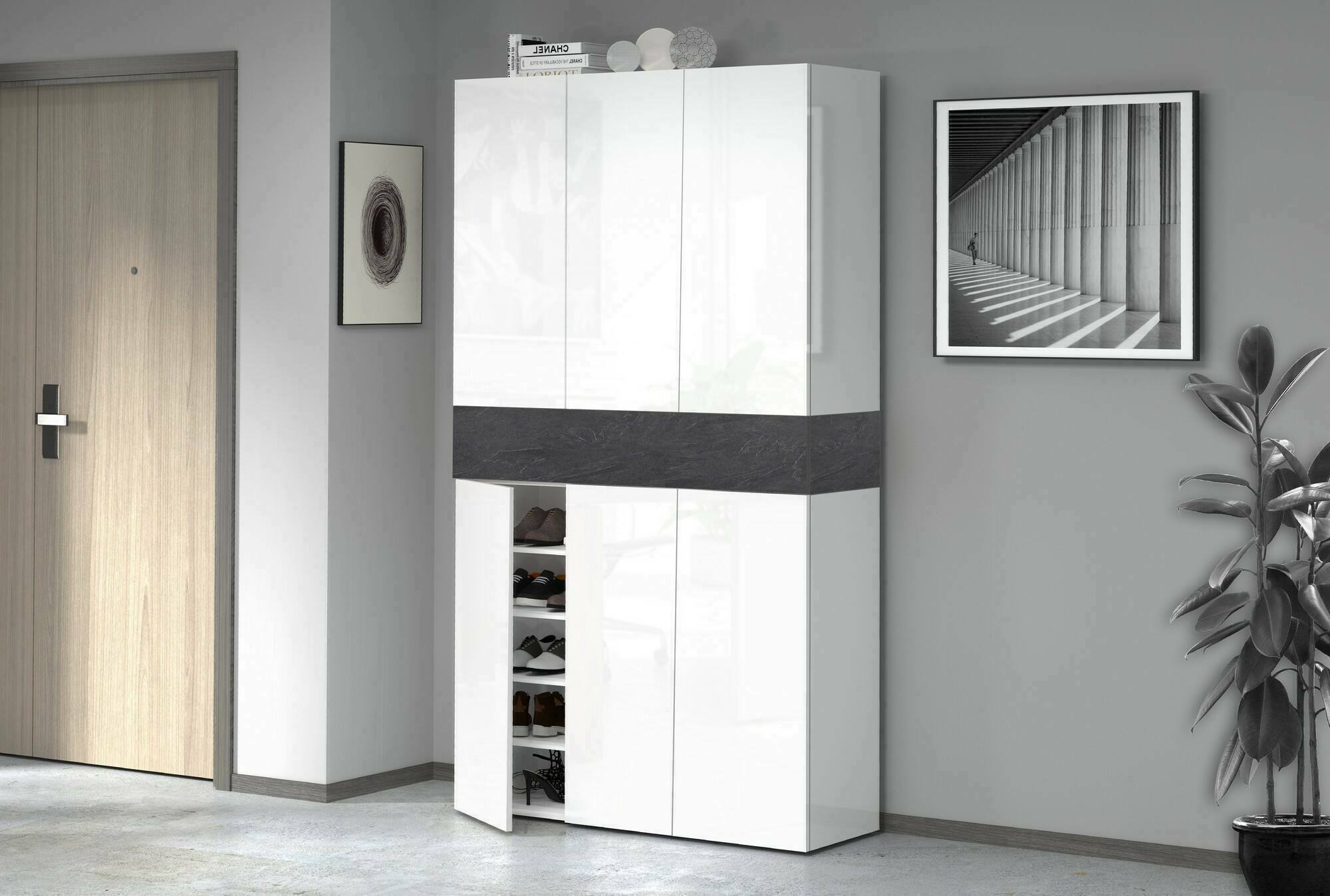 Scarpiera Charoite, Porta scarpe salvaspazio a 7 ante, Armadio multifunzione da ingresso, 114x38h200 cm, Bianco e Ardesia
