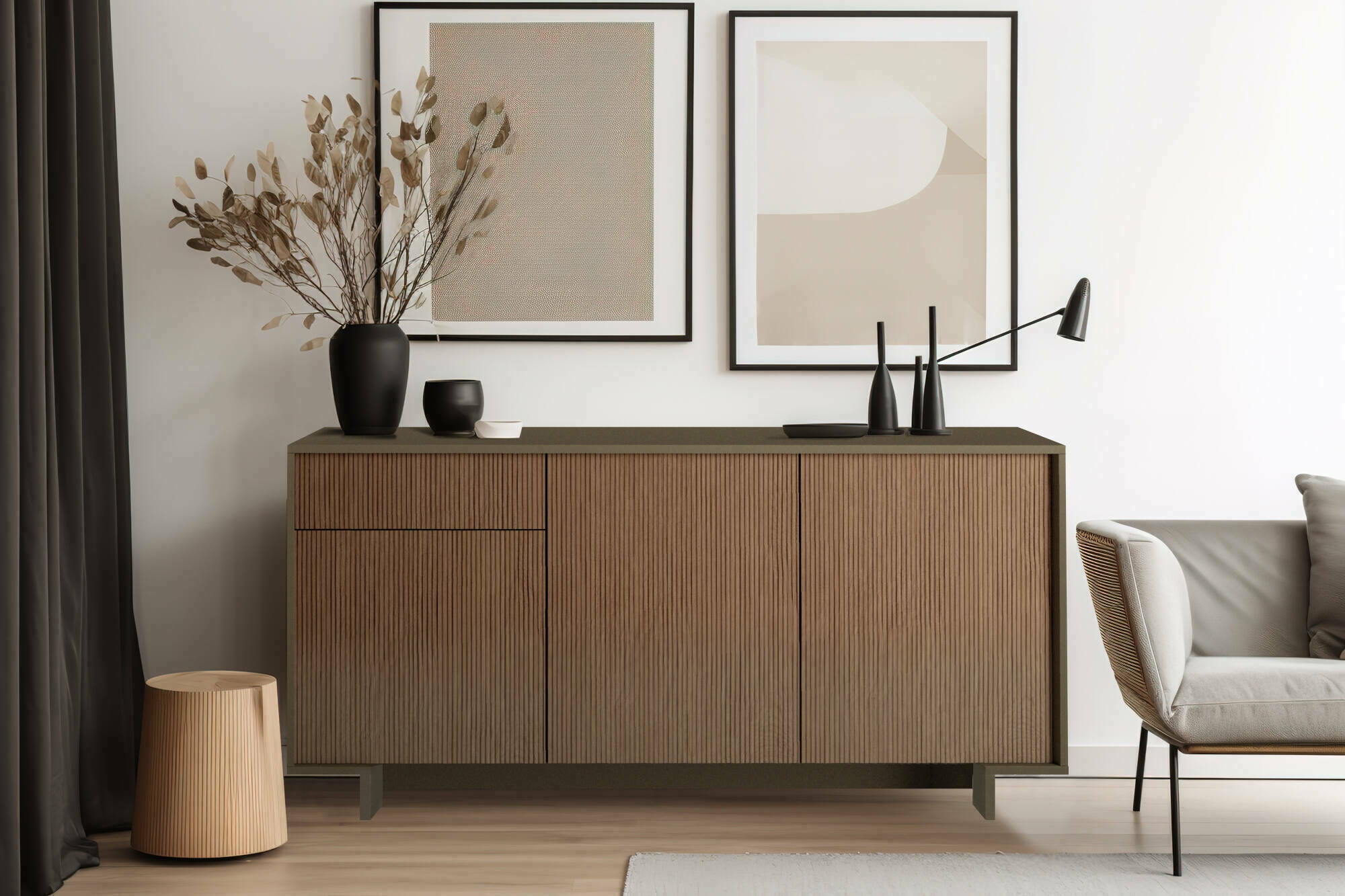 Credenza Aronne, Madia da salotto, Buffet da soggiorno a 3 ante e 1 cassetto, 100% Made in Italy, 170x42h78 cm, Marrone e Noce