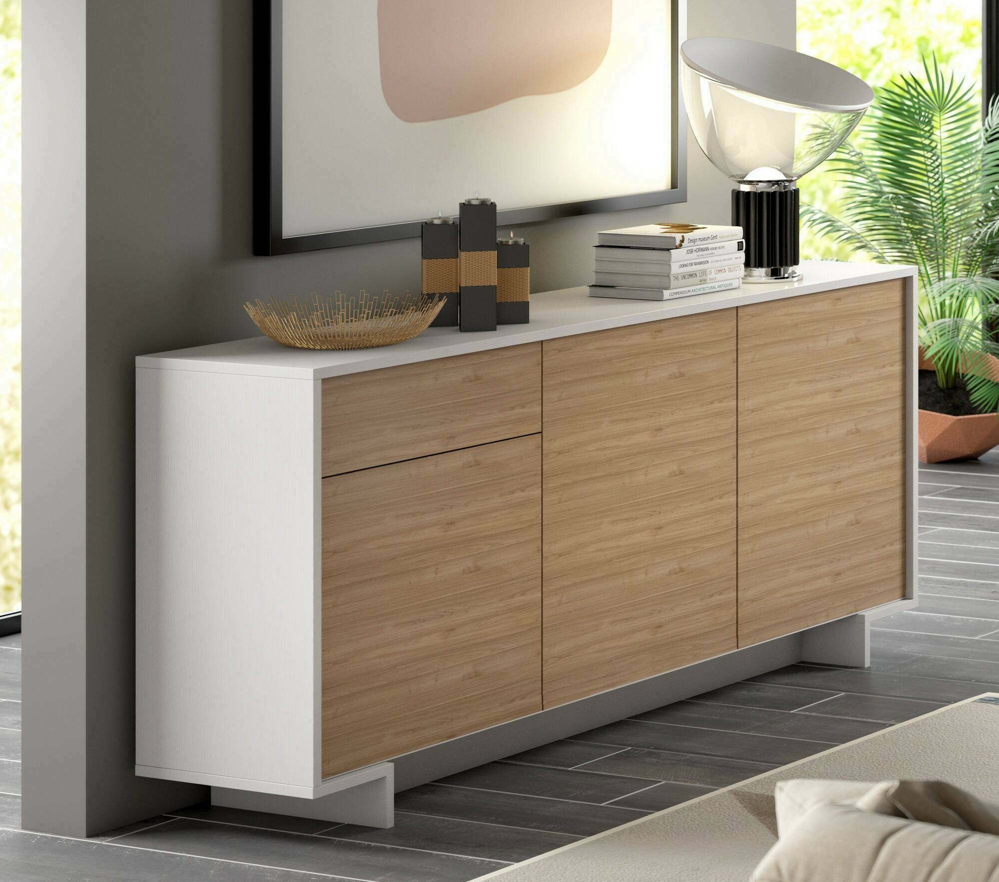 Credenza Aronne, Madia da salotto, Buffet da soggiorno a 3 ante e 1 cassetto, 100% Made in Italy, 170x42h78 cm, Bianco e Rovere