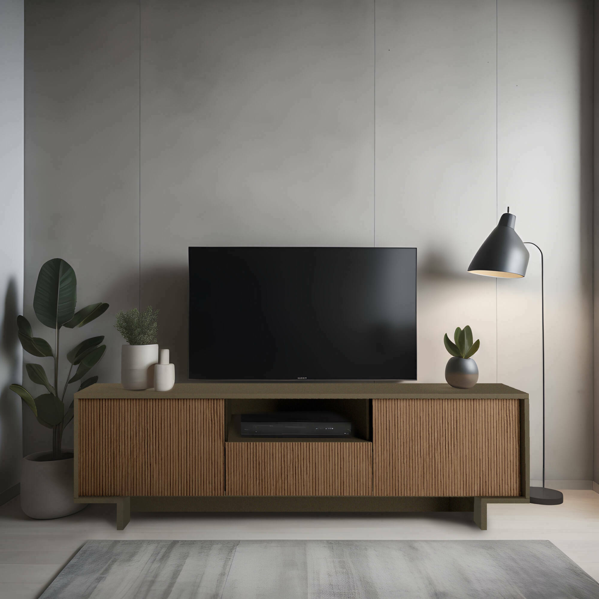 Mobile Porta TV Atina, Supporto per televisione da salotto, Credenza bassa da soggiorno a 2 ante e 1 cassetto, 100% Made in Italy, 170x42h48 cm, Marrone e Noce