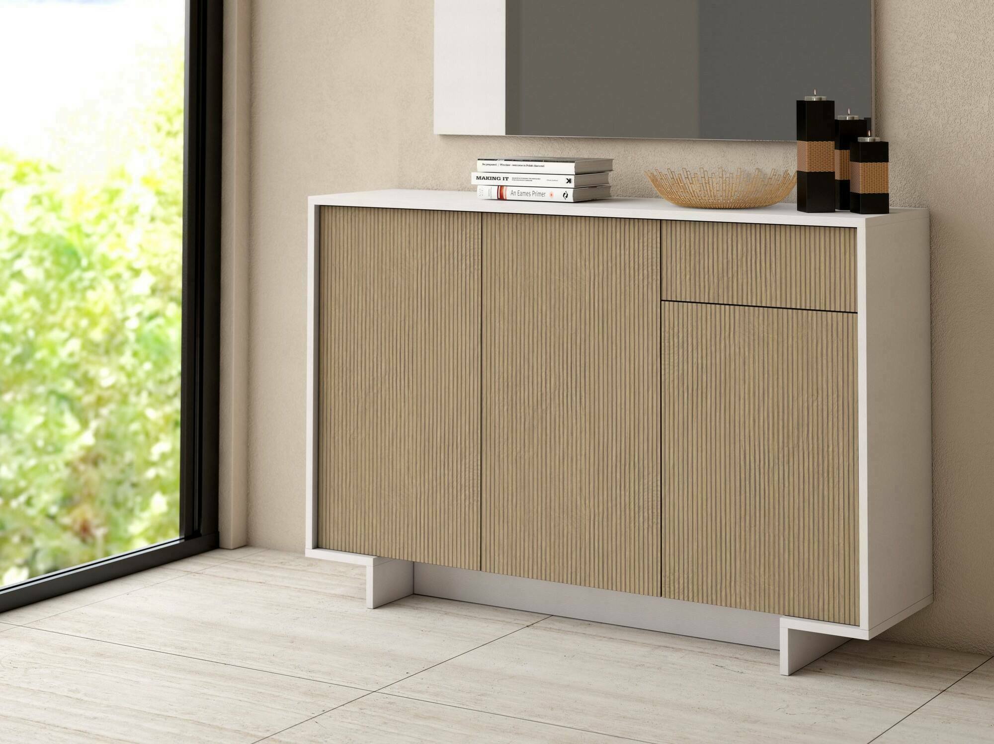 Credenza Arius, Madia da salotto, Buffet da soggiorno a 3 ante e 1 cassetto, 100% Made in Italy, 134x35h87 cm, Bianco e Beige