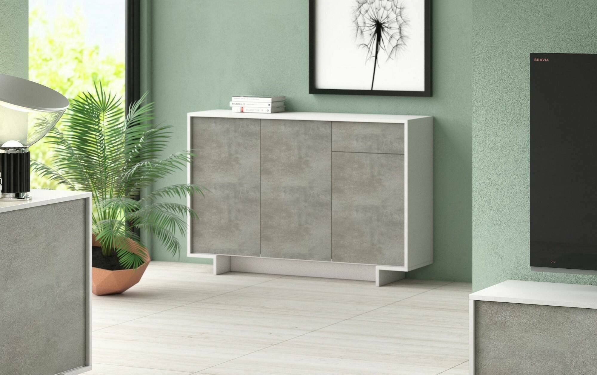 Credenza Arius, Madia da salotto, Buffet da soggiorno a 3 ante e 1 cassetto, 100% Made in Italy, 134x35h87 cm, Bianco e Cemento