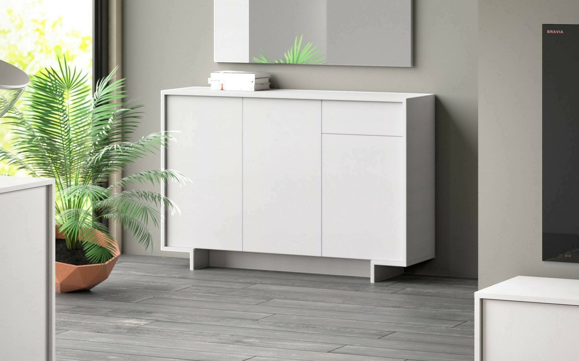 Credenza Arius, Madia da salotto, Buffet da soggiorno a 3 ante e 1 cassetto, 100% Made in Italy, 134x35h87 cm, Bianco