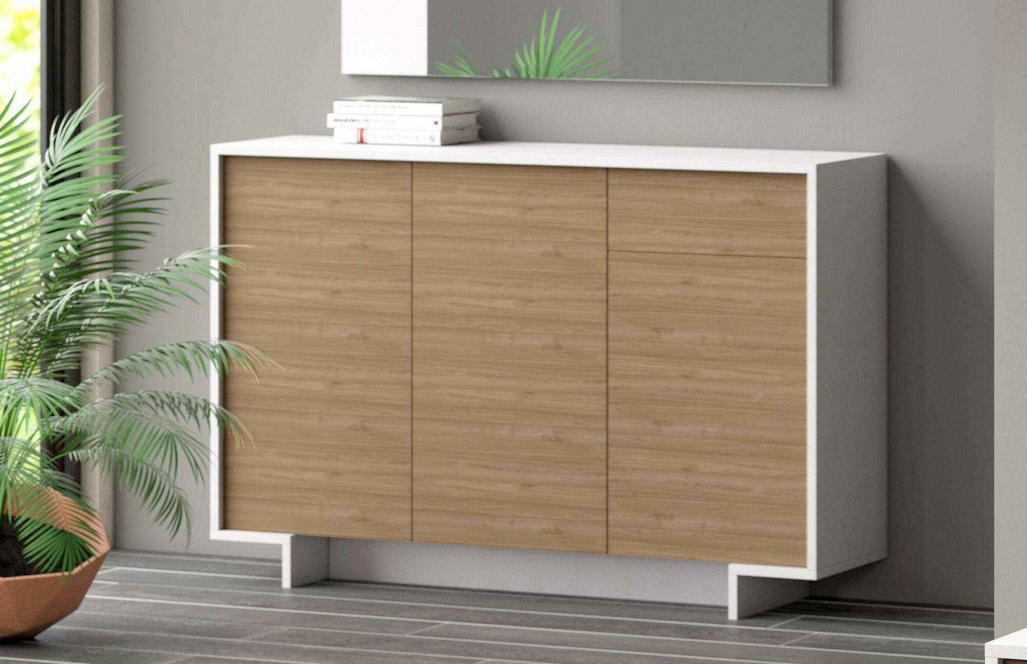Credenza Arius, Madia da salotto, Buffet da soggiorno a 3 ante e 1 cassetto, 100% Made in Italy, 134x35h87 cm, Bianco e Rovere
