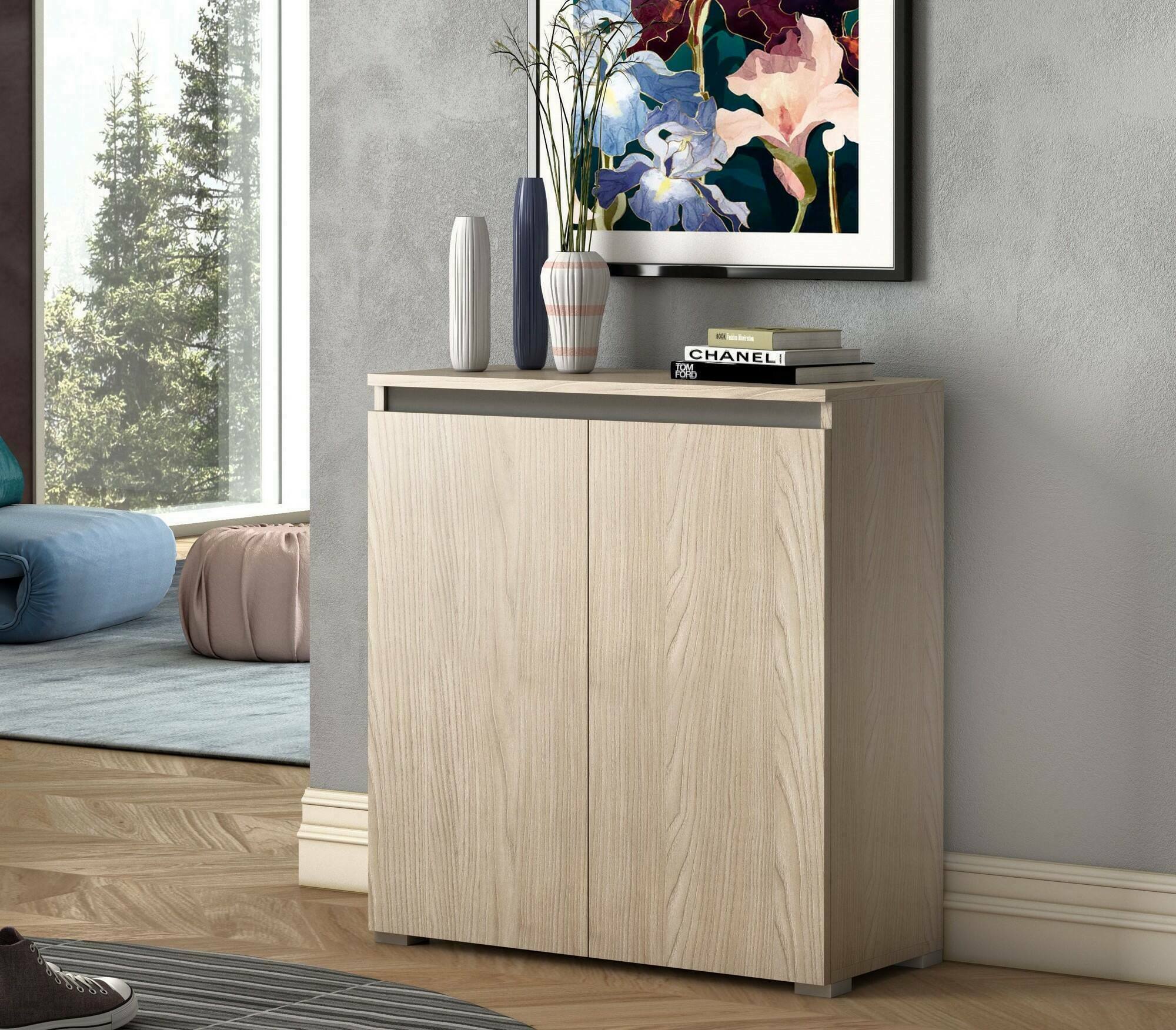 Scarpiera Astrina, Mobile multiuso, Porta scarpe salvaspazio a 2 ante, Armadio portaoggetti con scaffali, 100% Made in Italy, 80x37h102 cm, Olmo