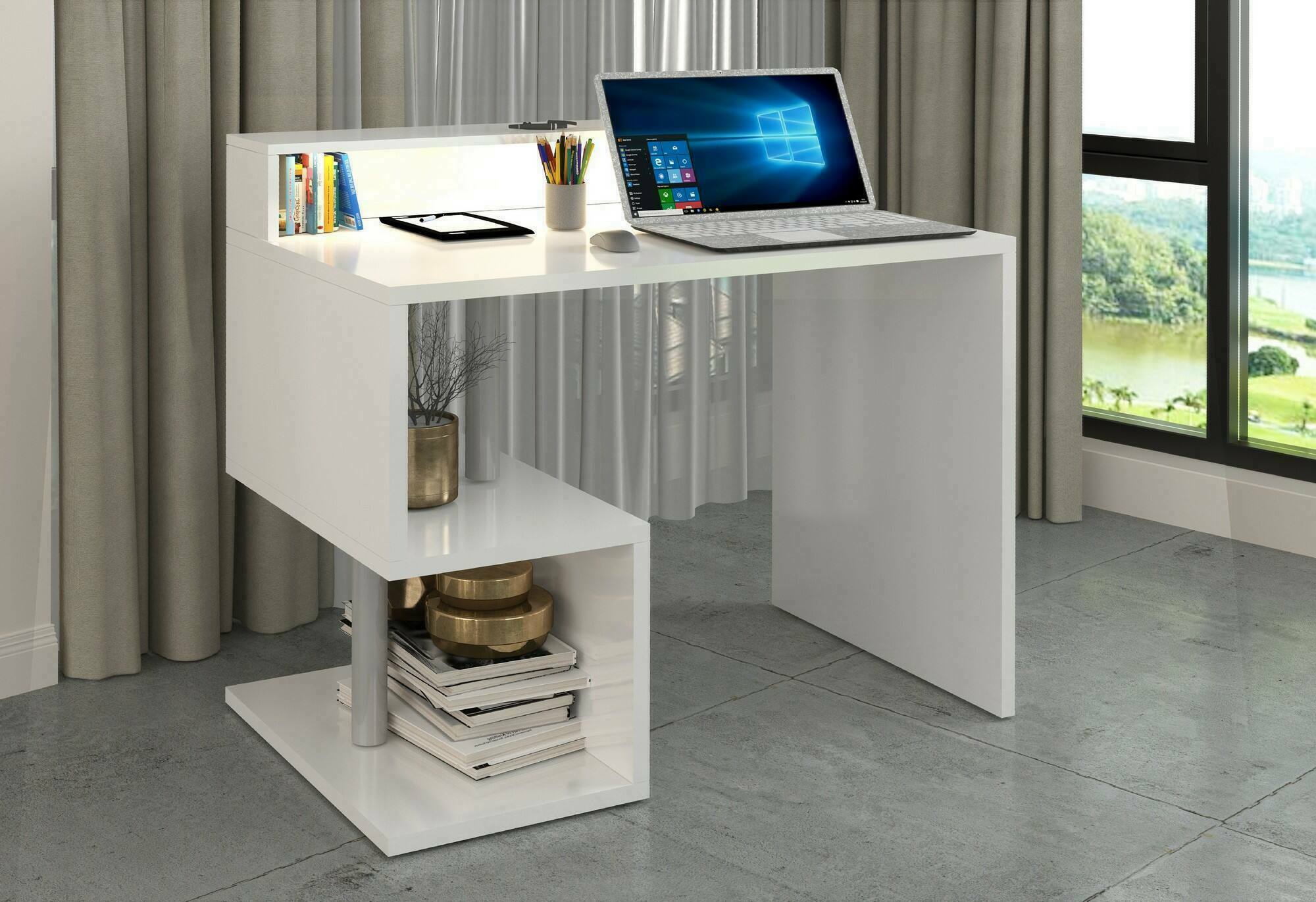 Scrivania Giusy, Scrittoio lineare con ripiani portaoggetti e luci LED, Scrivania ufficio multiuso con sopralzo, 100x50h93 cm, Bianco