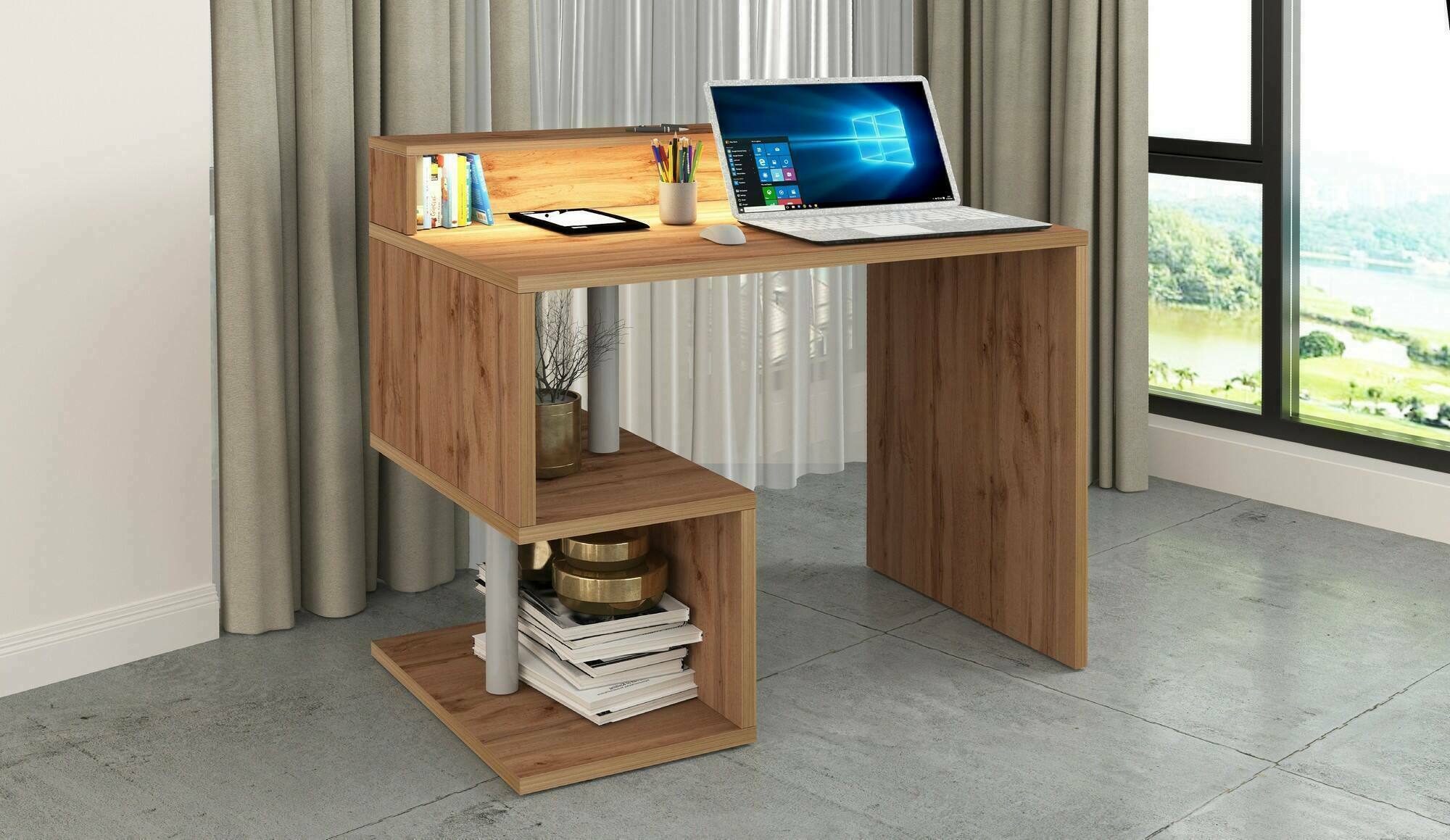 Scrivania Giusy, Scrittoio lineare con ripiani portaoggetti e luci LED, Scrivania ufficio multiuso con sopralzo, 100x50h93 cm, Rovere