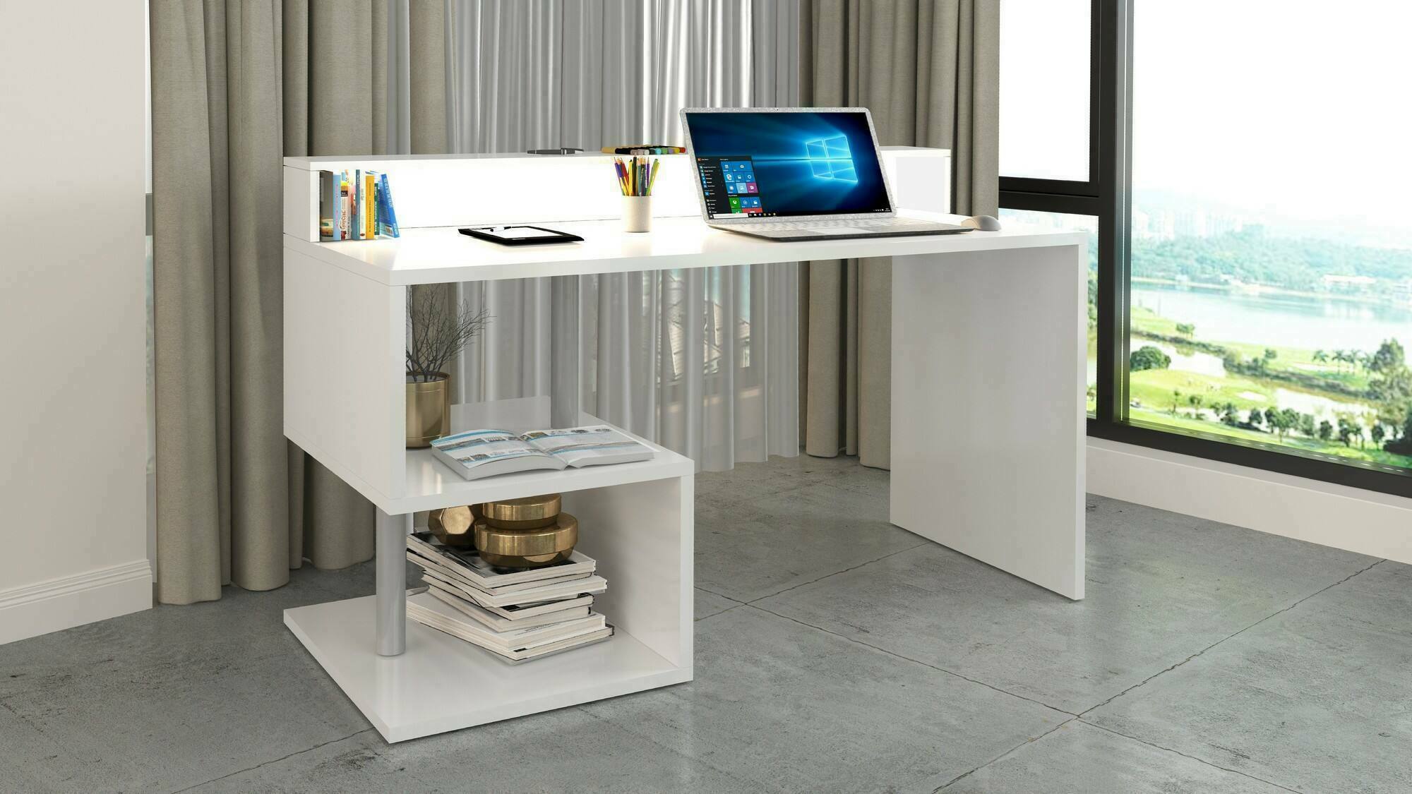 Scrivania Yemyin, Scrittoio lineare con ripiani portaoggetti e luci LED, Scrivania ufficio multiuso con sopralzo, 140x60h93 cm, Bianco