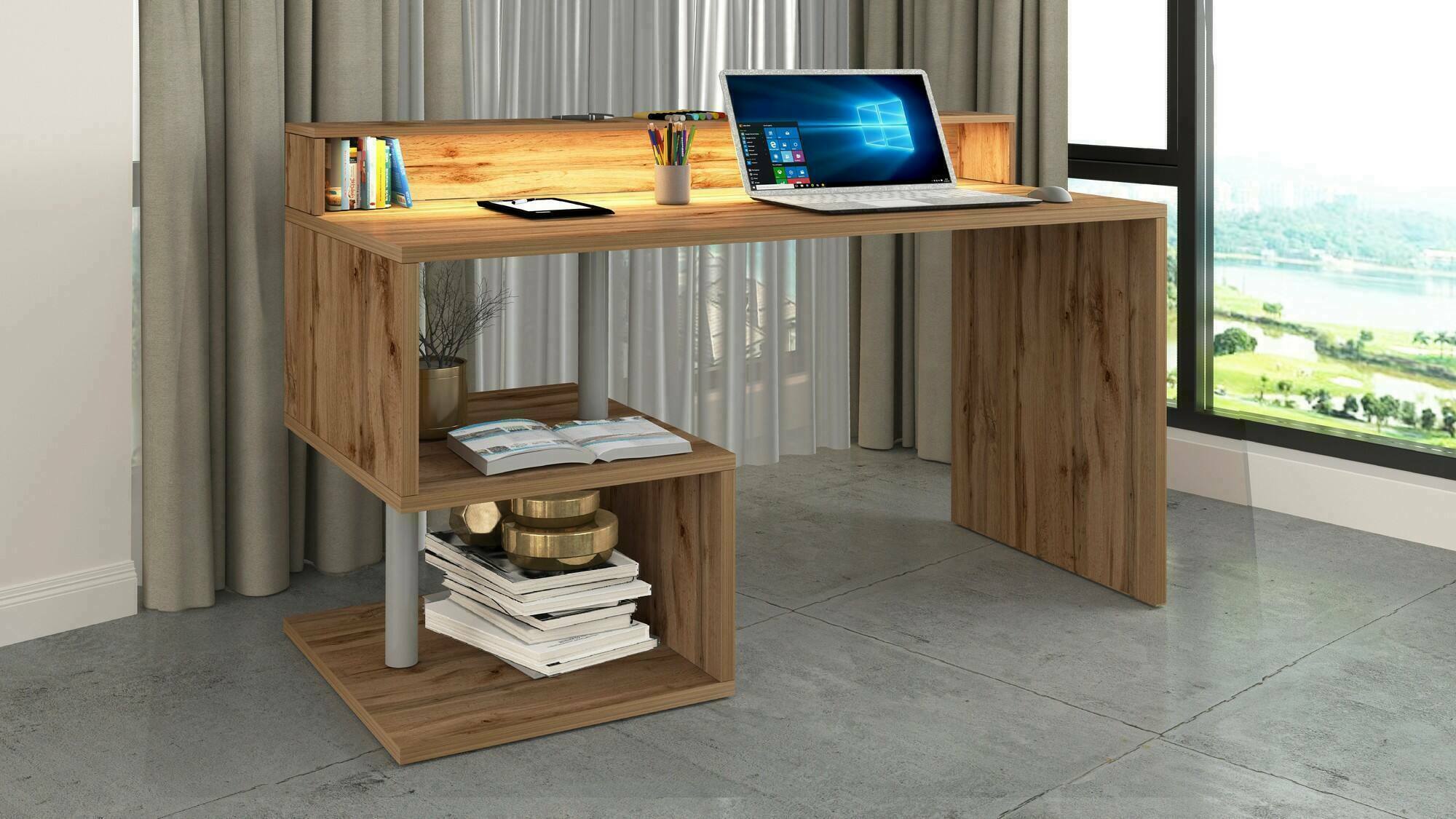 Scrivania Yemyin, Scrittoio lineare con ripiani portaoggetti e luci LED, Scrivania ufficio multiuso con sopralzo, 140x60h93 cm, Rovere