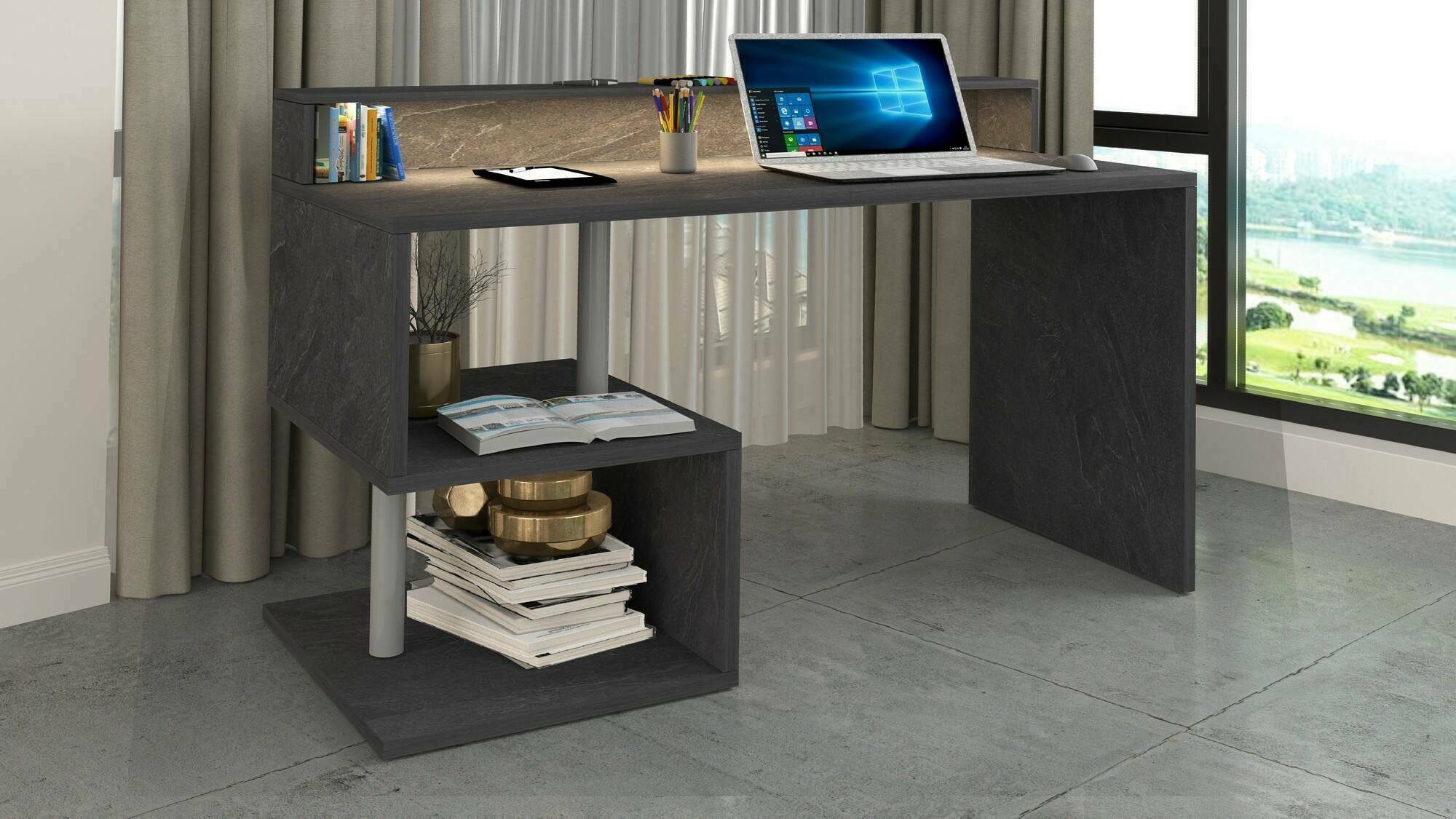 Scrivania Yemyin, Scrittoio lineare con ripiani portaoggetti e luci LED, Scrivania ufficio multiuso con sopralzo, 140x60h93 cm, Ardesia