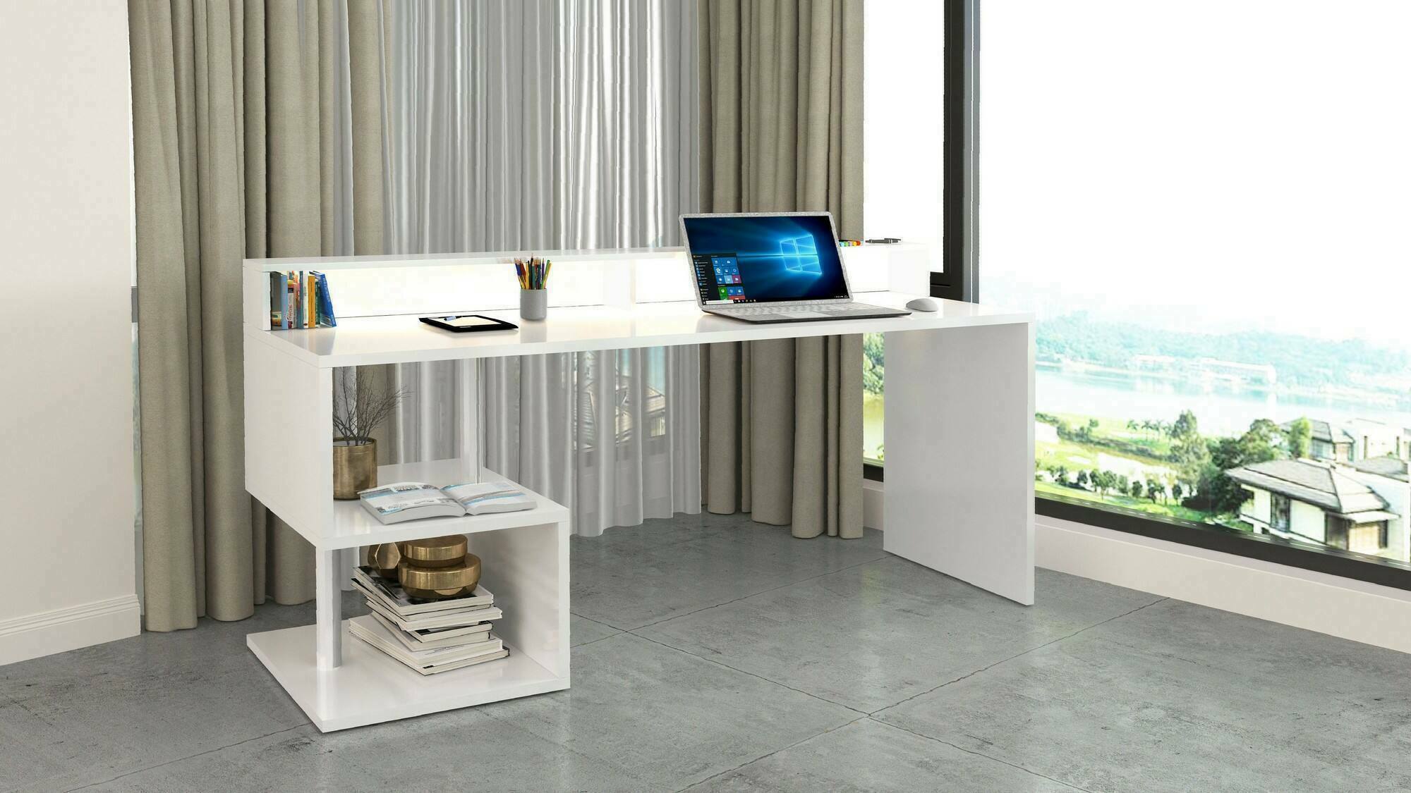 Scrivania Arre, Scrittoio lineare con ripiani portaoggetti e luci LED, Scrivania ufficio multiuso con sopralzo, 180x92,5h60 cm, Bianco