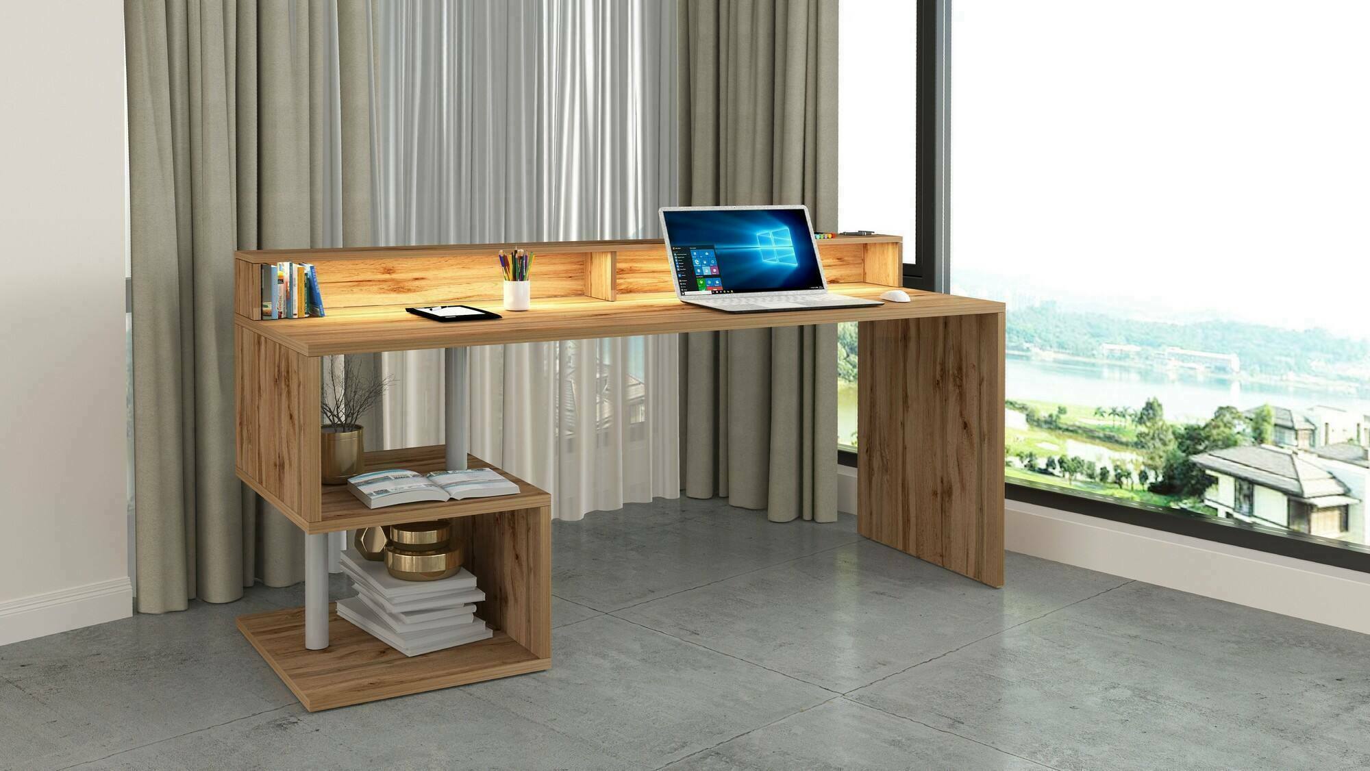 Scrivania Arre, Scrittoio lineare con ripiani portaoggetti e luci LED, Scrivania ufficio multiuso con sopralzo, 180x92,5h60 cm, Rovere
