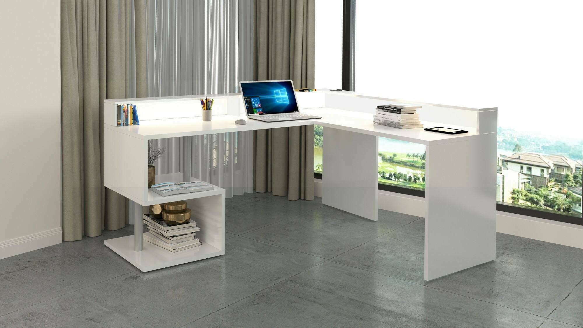 Scrivania Adelma, Scrittoio angolare con ripiani portaoggetti e luci LED, Scrivania ufficio multiuso con sopralzo, 180x60h93 cm, Bianco