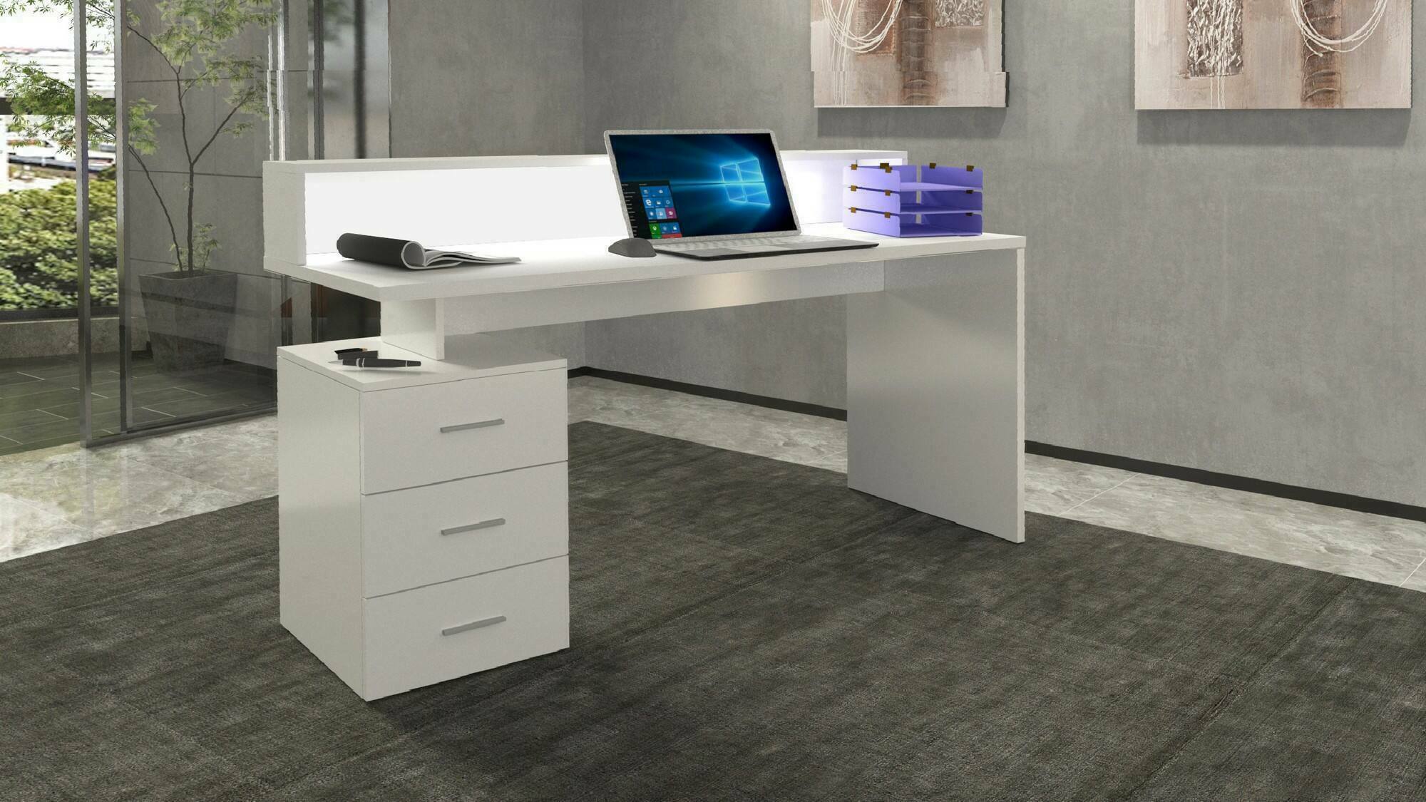Scrivania Bardi, Scrittoio con sopralzo e luci LED, Scrivania ufficio multiuso, Scrivania salvaspazio multi posizione, 160x60h90 cm, Bianco