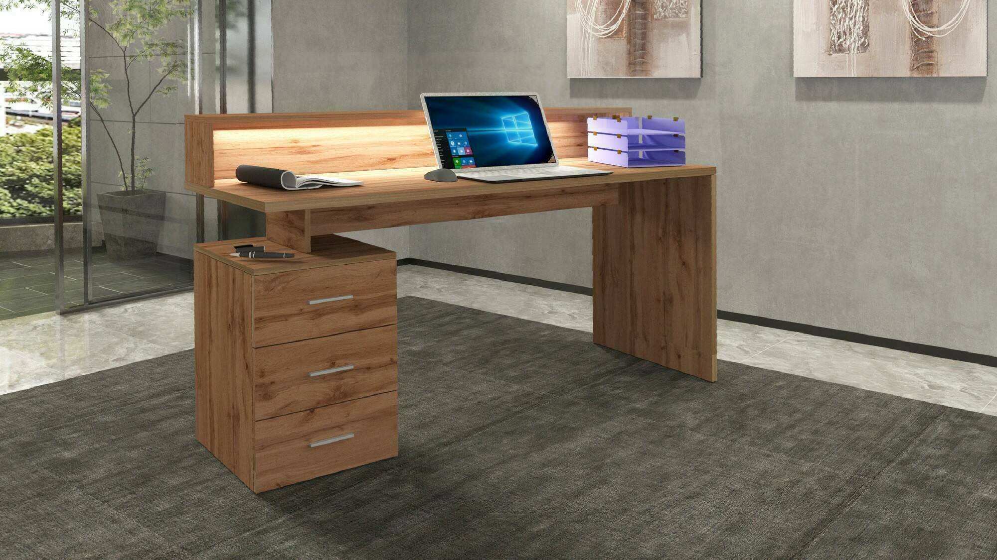 Scrivania Bardi, Scrittoio con sopralzo e luci LED, Scrivania ufficio multiuso, Scrivania salvaspazio multi posizione, 160x60h90 cm, Rovere