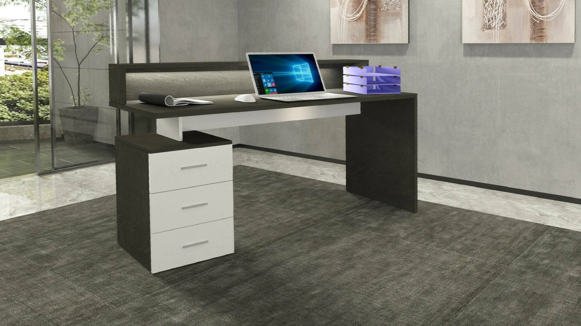 Scrivania Bardi, Scrittoio con sopralzo e luci LED, Scrivania ufficio multiuso, Scrivania salvaspazio, 160x60h90 cm, Bianco e Ardesia