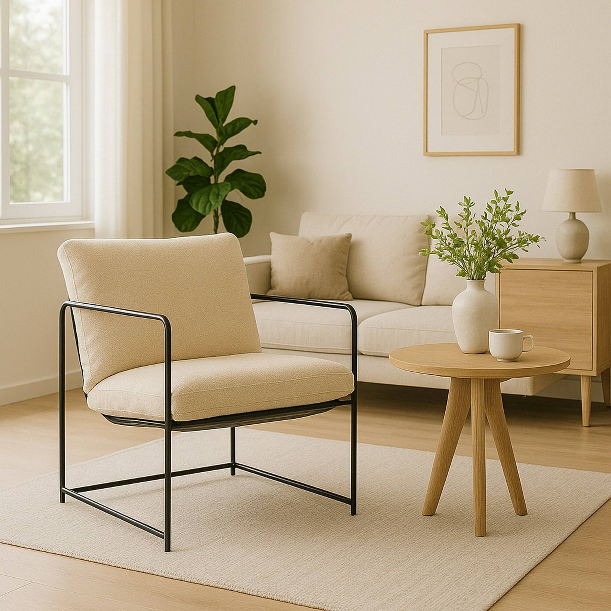 Poltrona Appare, Poltrona rivestita in tessuto bouclÃ©, Sedia imbottita, Seduta con braccioli in metallo, 61x67h75 cm, Beige