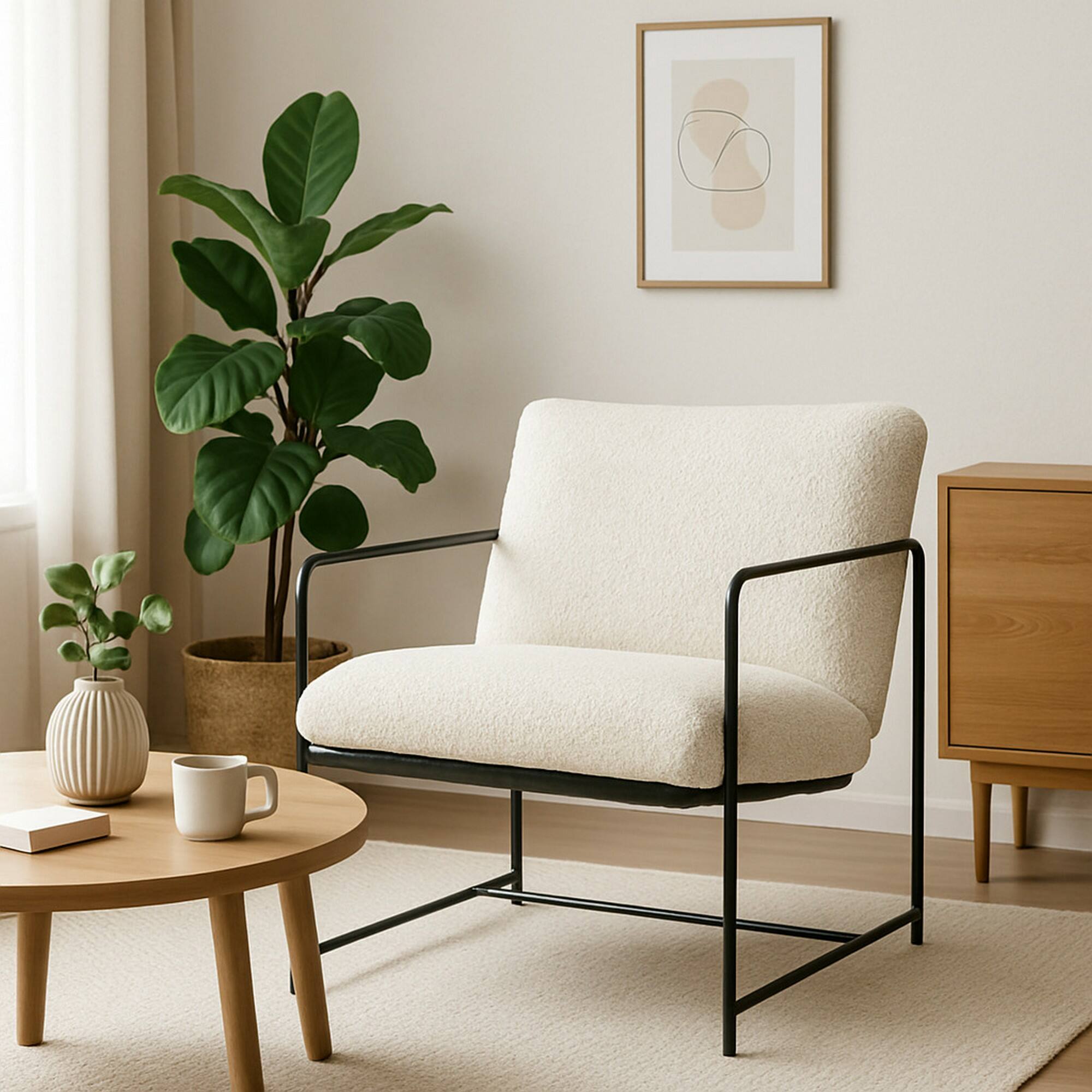 Poltrona Appare, Poltrona rivestita in tessuto bouclÃ©, Sedia imbottita, Seduta con braccioli in metallo, 61x67h75 cm, Bianco