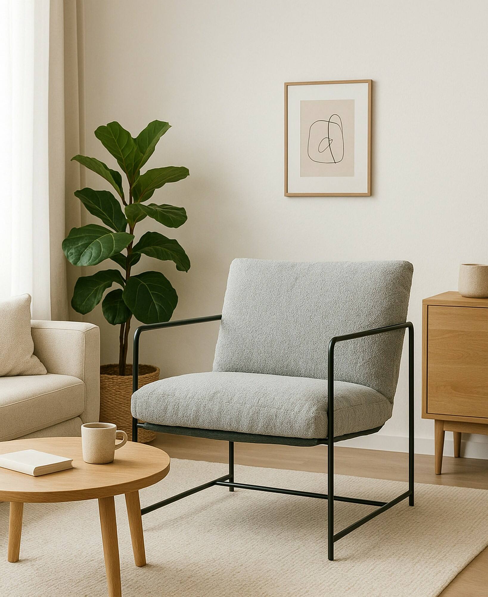 Poltrona Appare, Poltrona rivestita in tessuto bouclÃ©, Sedia imbottita, Seduta con braccioli in metallo, 61x67h75 cm, Grigio