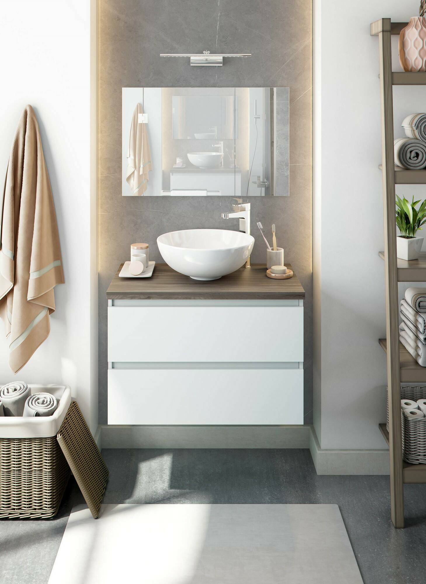 Mobile sottolavabo Alakdan, Mobiletto da bagno, Contenitore porta lavabo, Armadio per lavandino, 79x46 h53 cm, Bianco lucido e Olmo