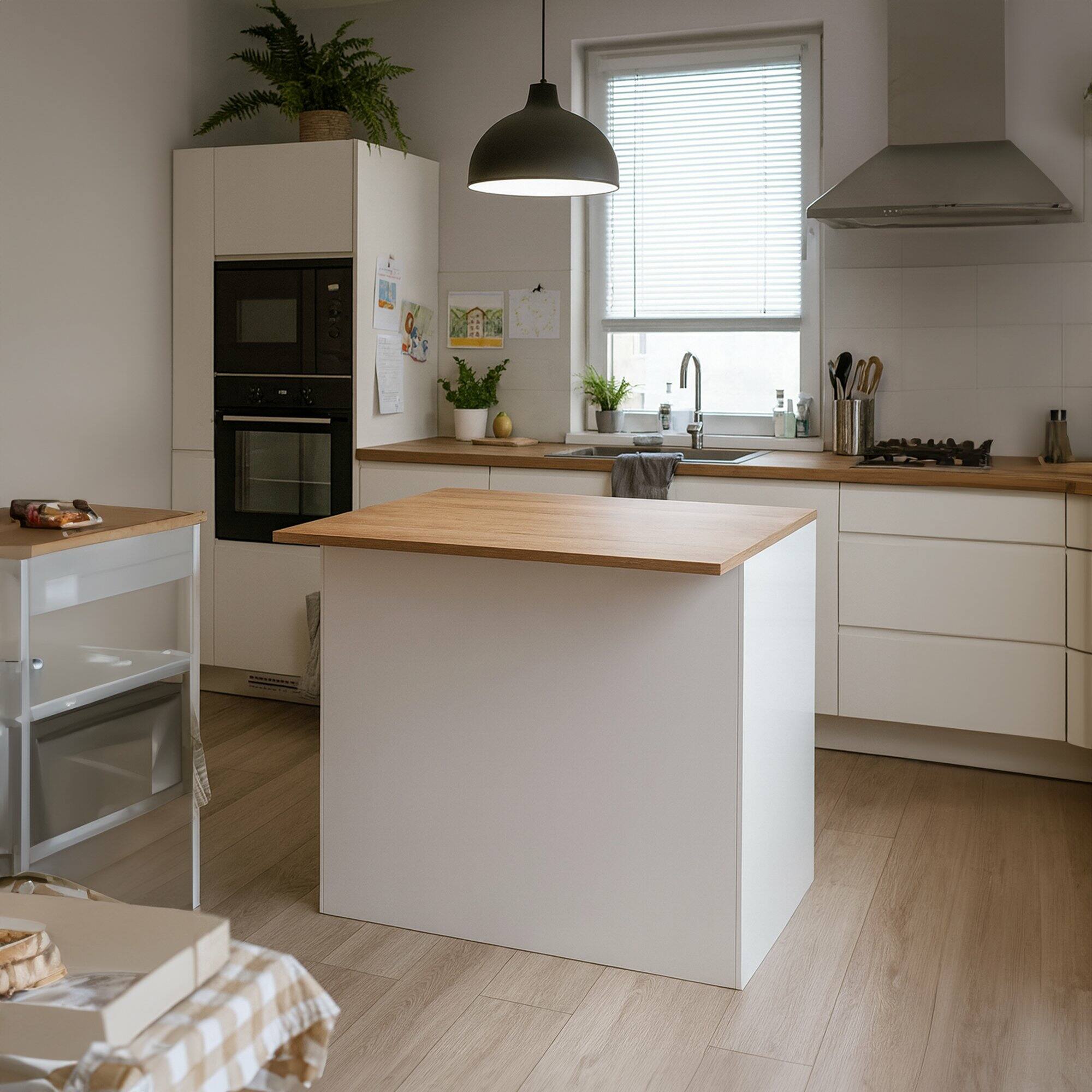Isola da cucina Analiza, Tavolo ausiliario portaoggetti, Mobile da cucina a 2 ante, 100% Made in Italy, 125x90h90 cm, Bianco lucido e Rovere