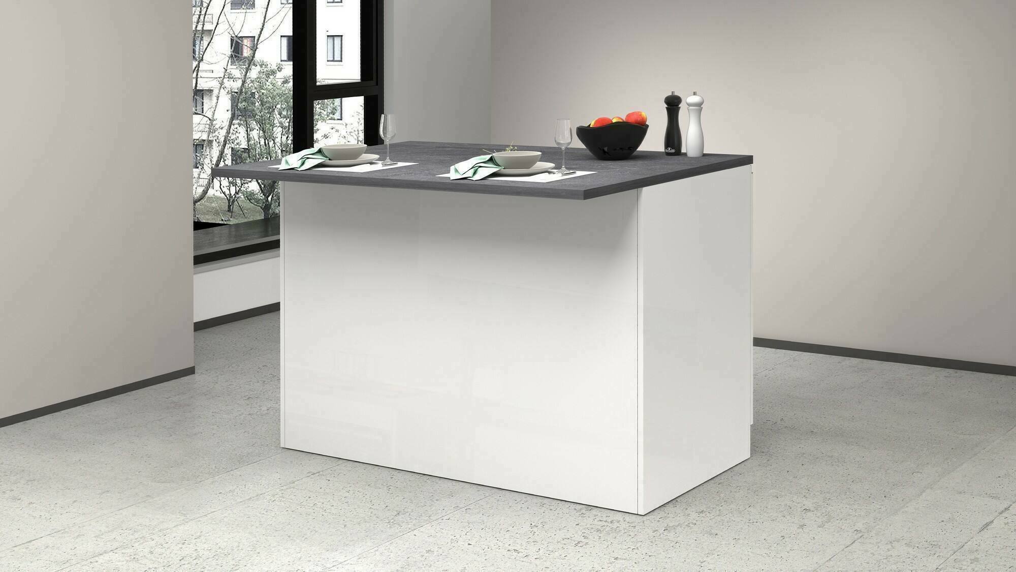 Isola da cucina Analiza, Mobile da cucina a 2 ante, Tavolo ausiliario portaoggetti, 100% Made in Italy, 125x90h90 cm, Bianco lucido e Ardesia