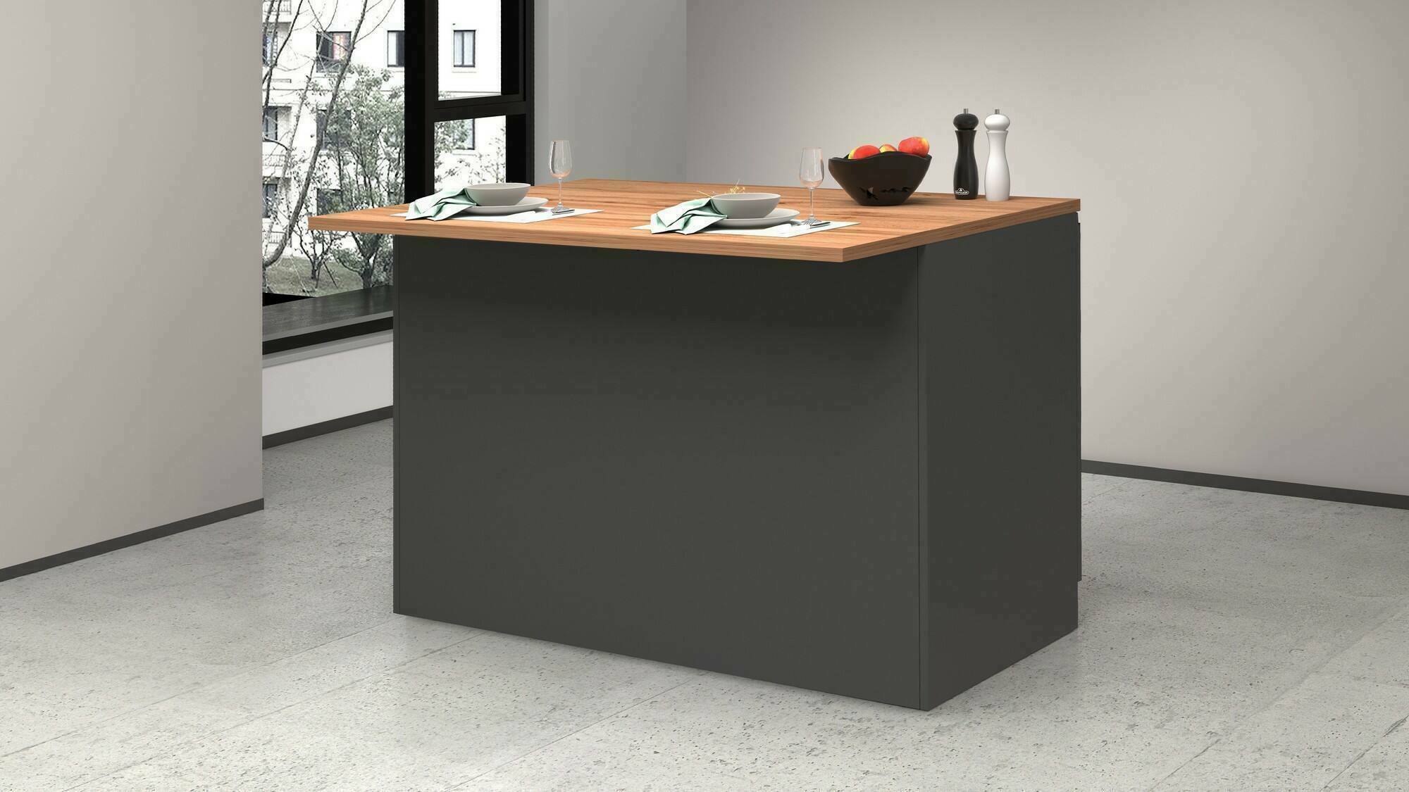 Isola da cucina Analiza, Tavolo ausiliario portaoggetti, Mobile da cucina a 2 ante, 100% Made in Italy, 125x90h90 cm, Antracite e Rovere