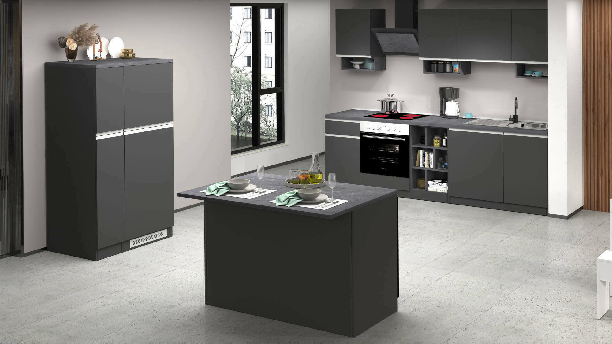Cucina completa Arlo, Set da cucina modulabile, Cucina componibile con piÃ¹ elementi, 100% Made in Italy, Antracite e Ardesia